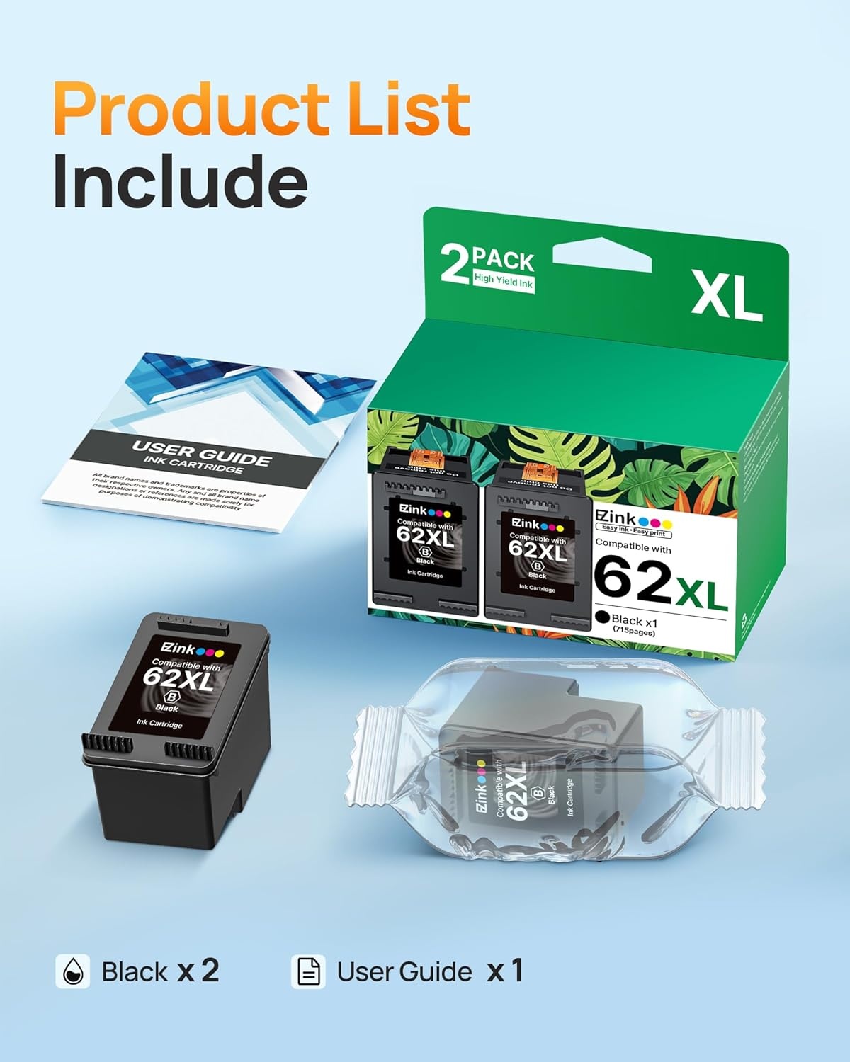 image:image62XL High Yield Remanufactured Ink Cartridges for HP 62 Black Ink Cartridge for HP Ink 62 62XL use with HP Envy 5540 5640 5660 7644 OfficeJet 5740 5741 8040 OfficeJet 200 250 Series 2 Pack Black