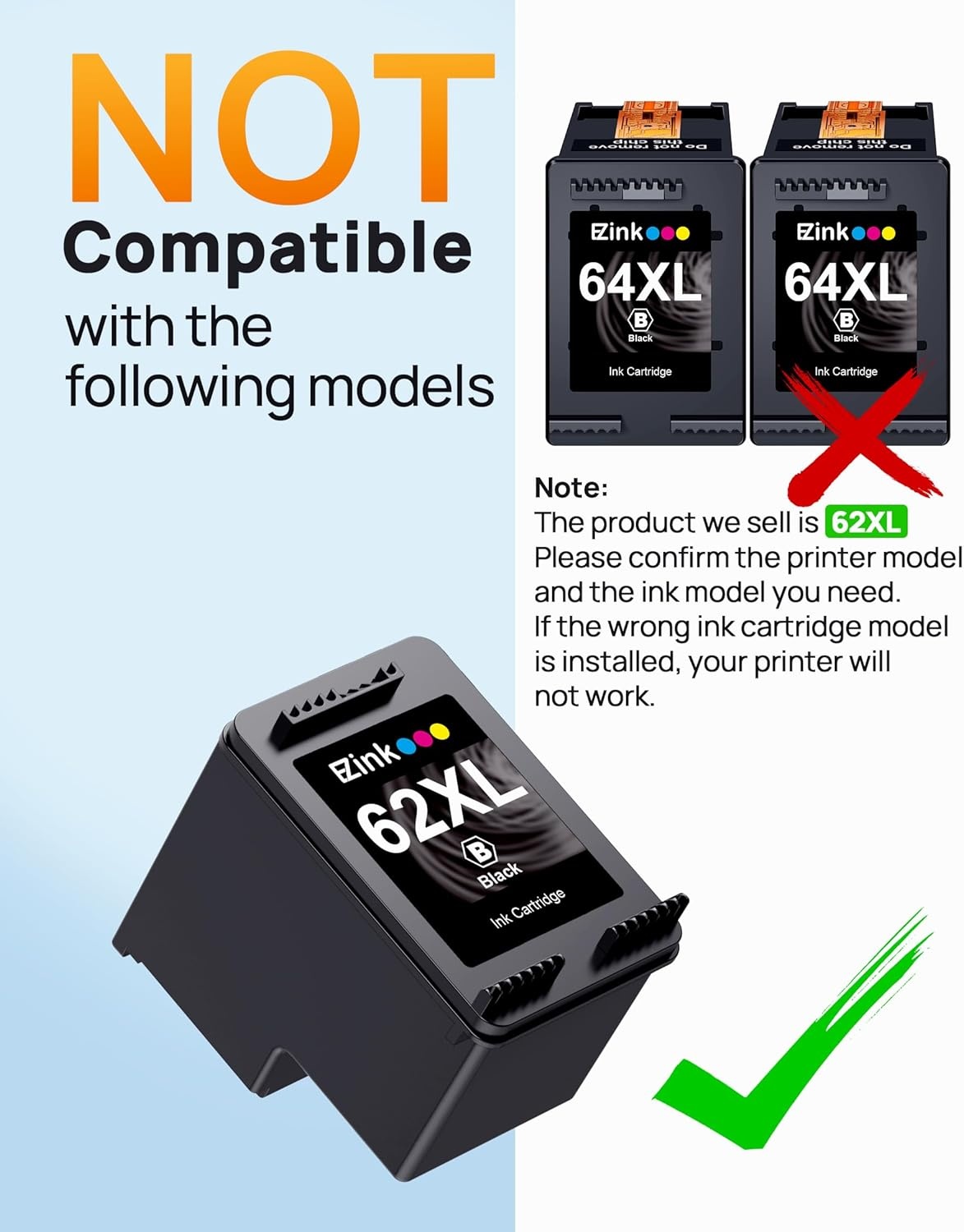 image:image62XL High Yield Remanufactured Ink Cartridges for HP 62 Black Ink Cartridge for HP Ink 62 62XL use with HP Envy 5540 5640 5660 7644 OfficeJet 5740 5741 8040 OfficeJet 200 250 Series 2 Pack Black