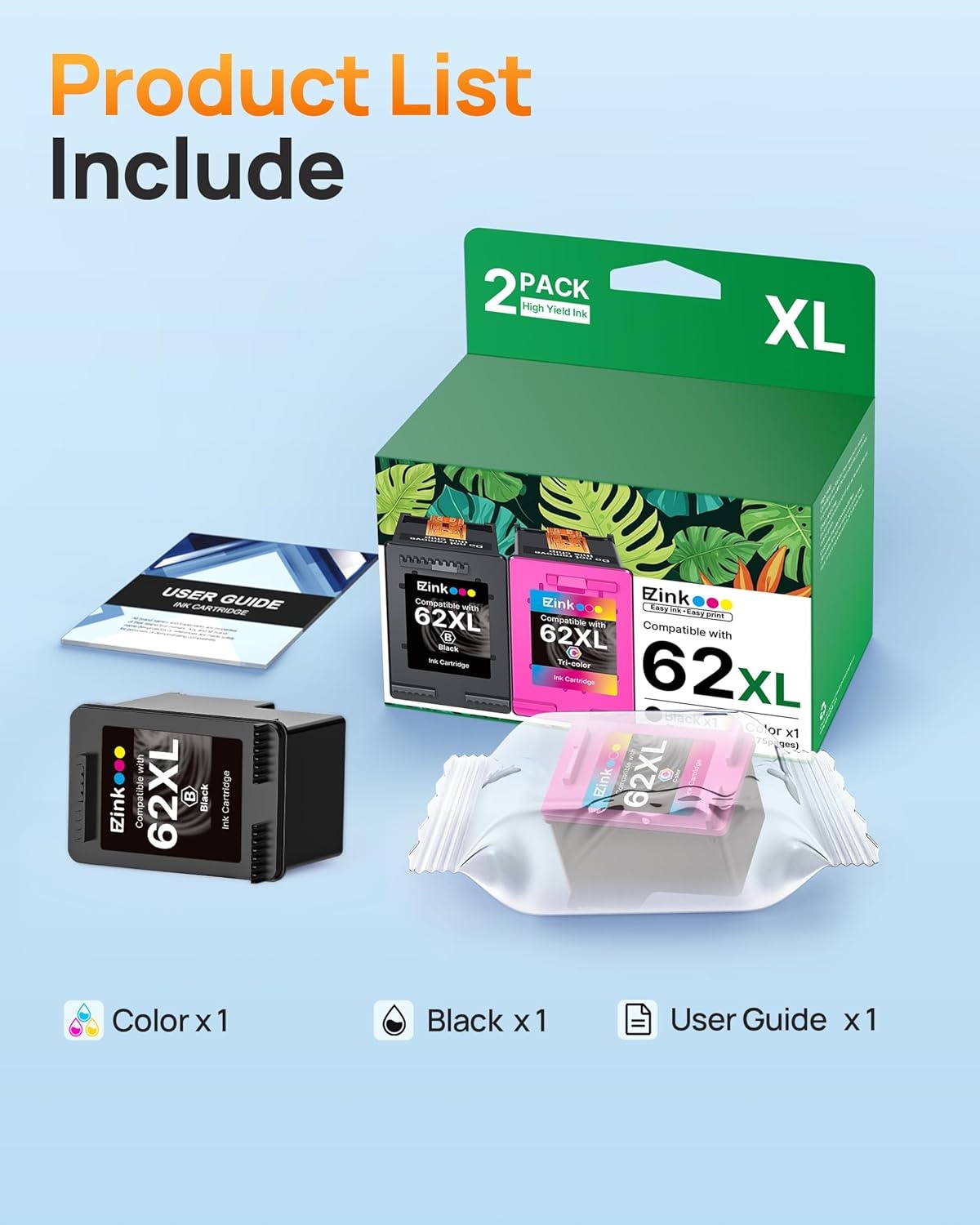 image:image62XL Ink Cartridge HighYield Remanufactured for HP Ink 62 XL 62XL Ink Cartridge Combo Pack to Use with Envy 5540 5640 5660 7644 OfficeJet 5740 5741 8040 200 250 Series Printer 1 TriColor 1 Black