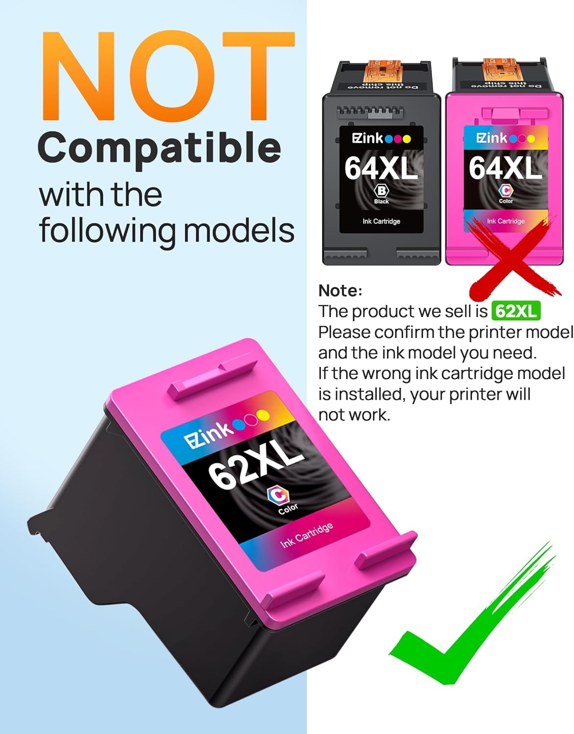 image:image62XL Ink Cartridge HighYield Remanufactured for HP Ink 62 XL 62XL Ink Cartridge Combo Pack to Use with Envy 5540 5640 5660 7644 OfficeJet 5740 5741 8040 200 250 Series Printer 1 TriColor 1 Black