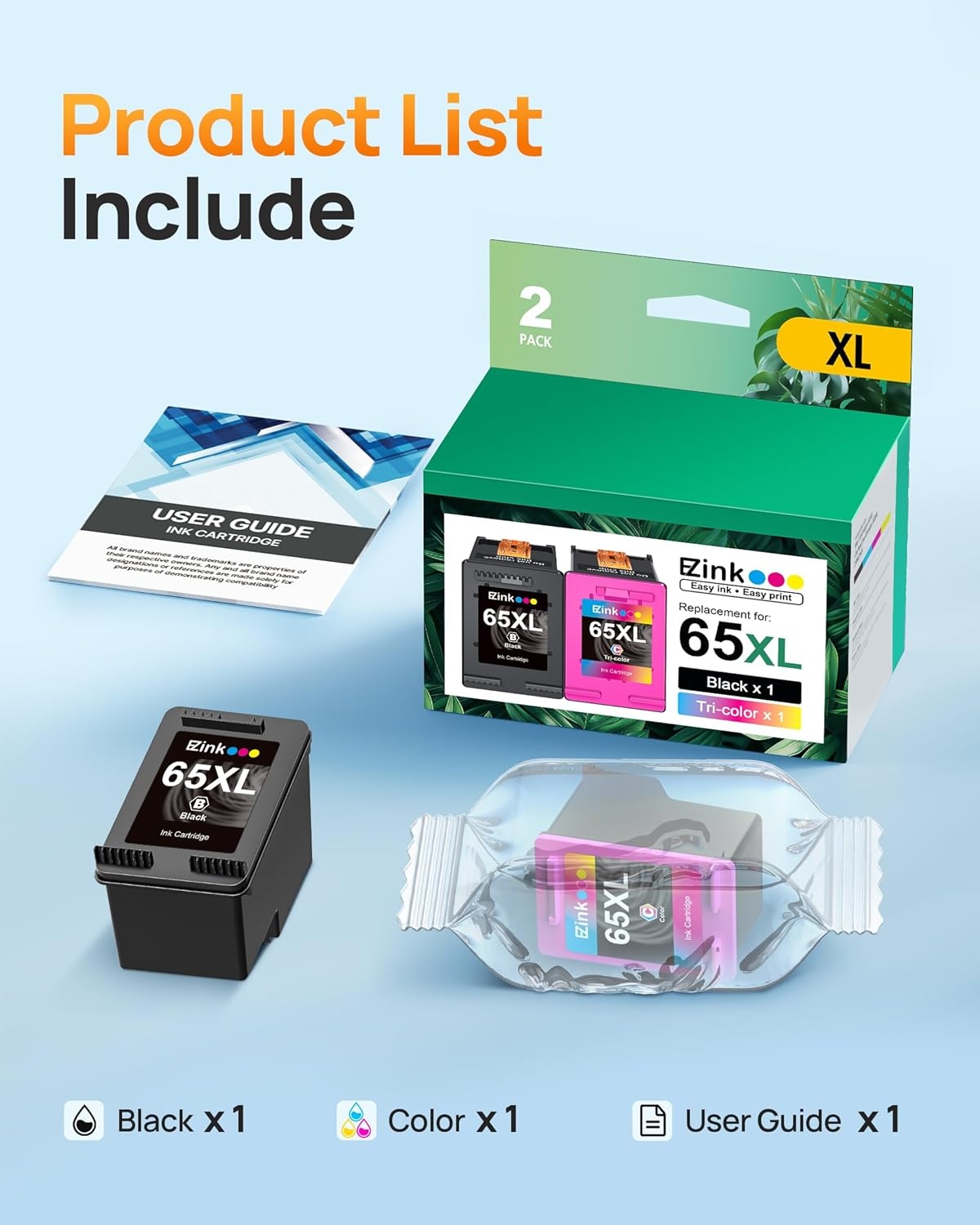image:image65XL 65 ink cartridges blackcolor combo pack Replacement for HP ink 65 65xl black and color ink cartridge work for HP Envy 5055 5000 5070 5052 5014 DeskJet 3755 3772 3700 3752 3722 2600 2622 2 Pack