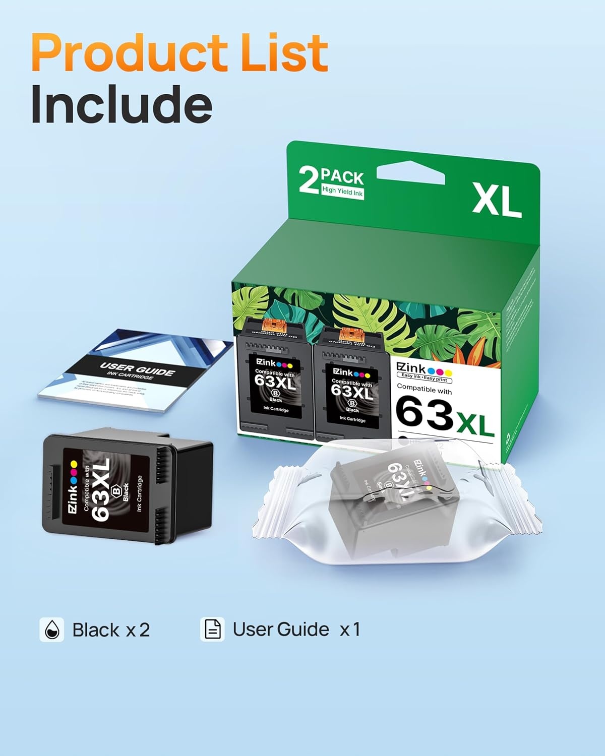 image:imageEZ Ink 63XL Black Ink Cartridge Remanufactured 63XL 63 Ink Replacement for HP Ink 63 HP63 HP63XL to Use with HP OfficeJet 3830 4650 4655 5255 5258 5200 Envy 4520 4512 DeskJJet 1112 2130 2 Black