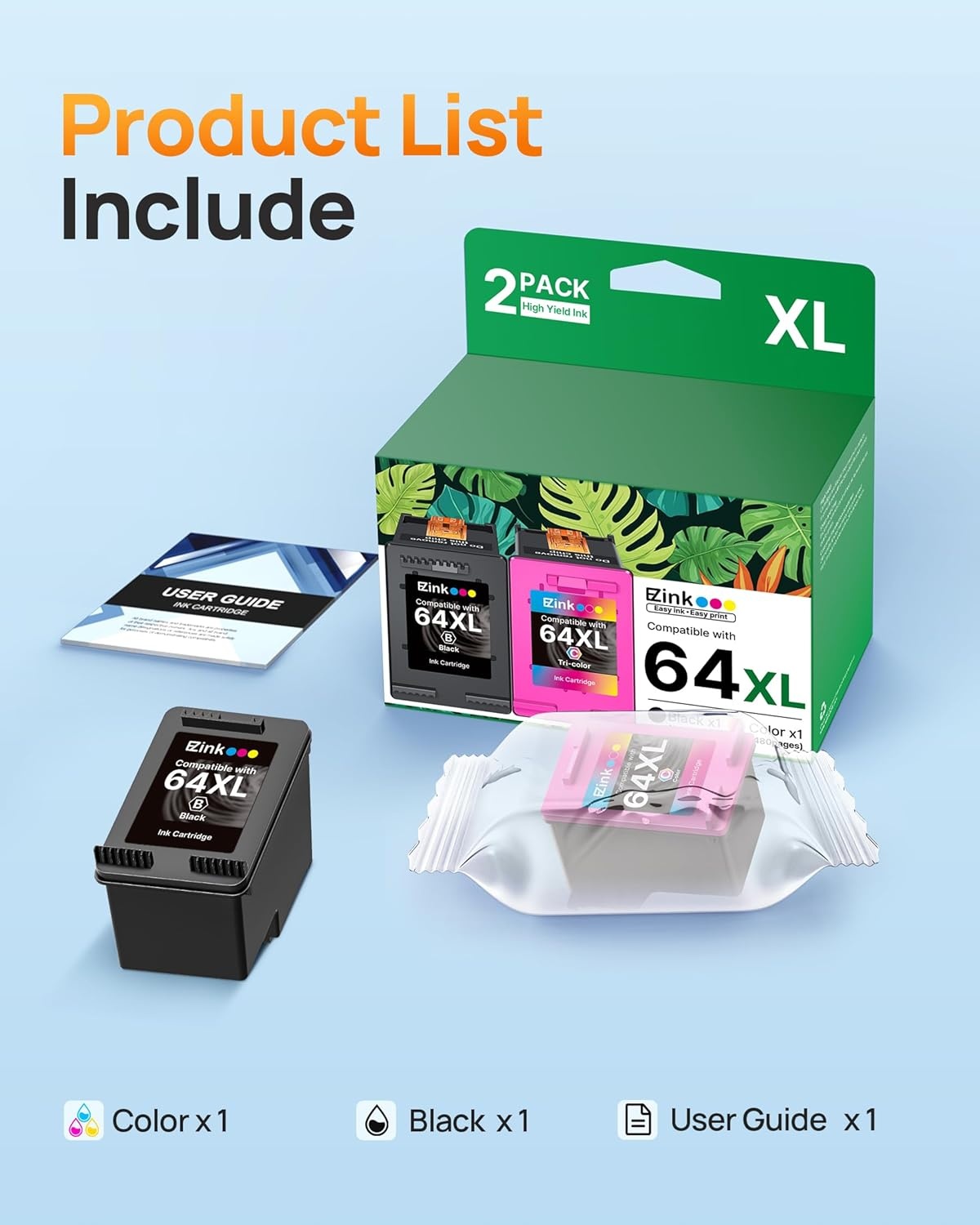 image:imageEZ Ink 64XL Ink Cartridges Black and Color Combo Pack Remanufactured for HP Ink 64 64XL 64 XL Ink to use with HP Envy Photo 7855 7858 7155 7120 7158 7164 6255 Tango X Printers 1 Black 1 TriColor