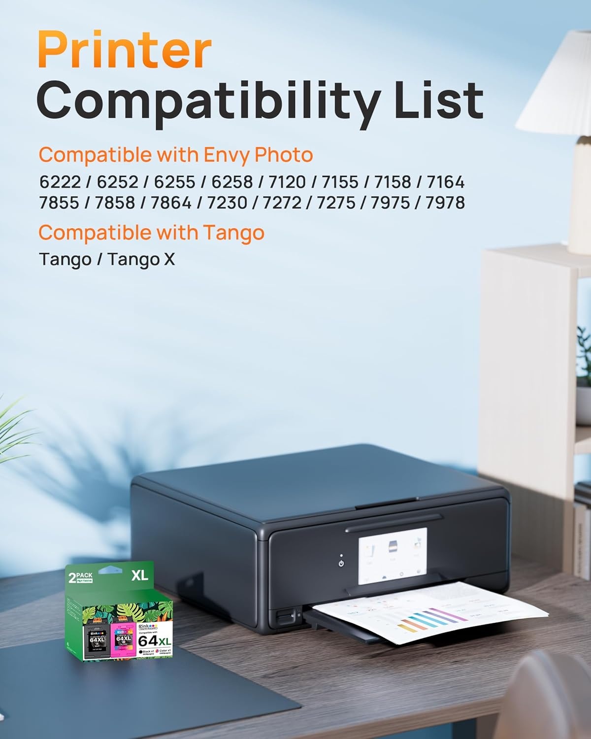 image:imageEZ Ink 64XL Ink Cartridges Black and Color Combo Pack Remanufactured for HP Ink 64 64XL 64 XL Ink to use with HP Envy Photo 7855 7858 7155 7120 7158 7164 6255 Tango X Printers 1 Black 1 TriColor