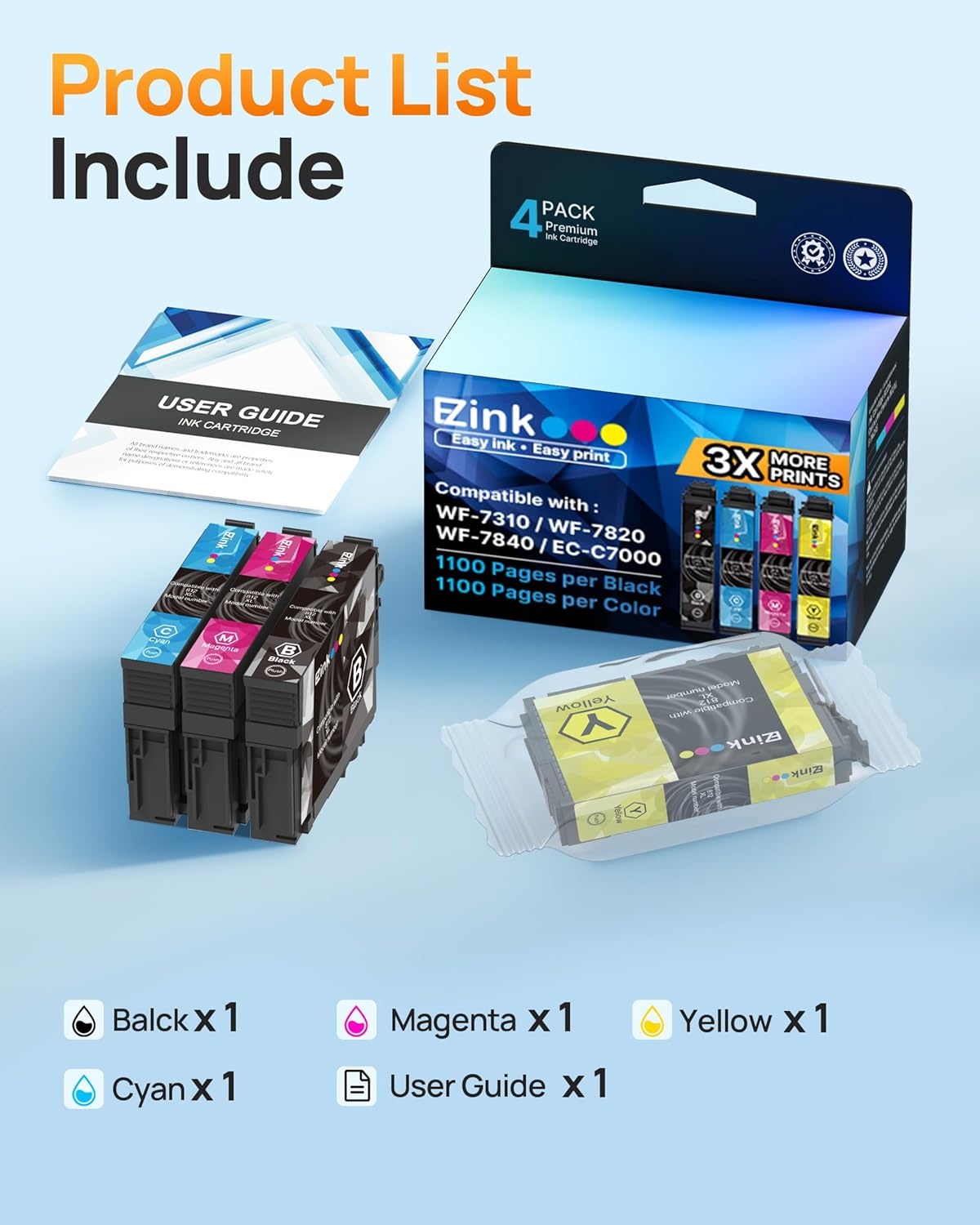 image:imageEZ Ink Remanufactured Ink Cartridge Replacement for 812XL WF7840 Ink Cartridges Combo Pack for Epson Printer WF7840 WF7820 WF7310 ECC7000 Printer 4 Packs Black Cyan Magenta Yellow
