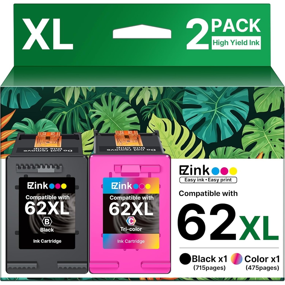 image:image62XL Ink Cartridge HighYield Remanufactured for HP Ink 62 XL 62XL Ink Cartridge Combo Pack to Use with Envy 5540 5640 5660 7644 OfficeJet 5740 5741 8040 200 250 Series Printer 1 TriColor 1 Black