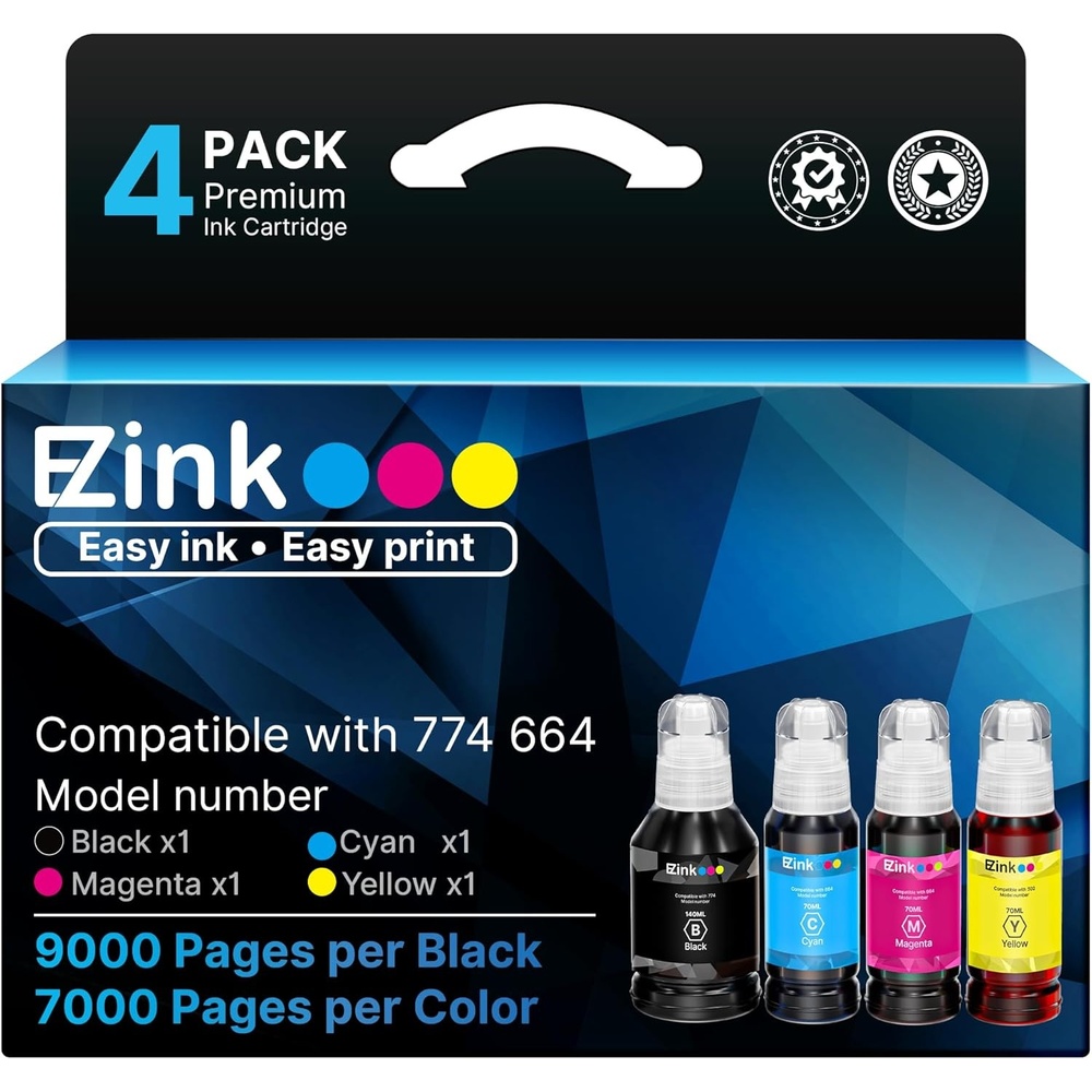 image:imageEZ Ink Remanufactured 774XL 664XL Ink Refill Bottles Replacement for Ink Refill Bottles for L100 ET3600 ET2650 ET4550 ET16500 ET4500 ET2550 ET2600Black Cyan Magenta Yellow4 Pack