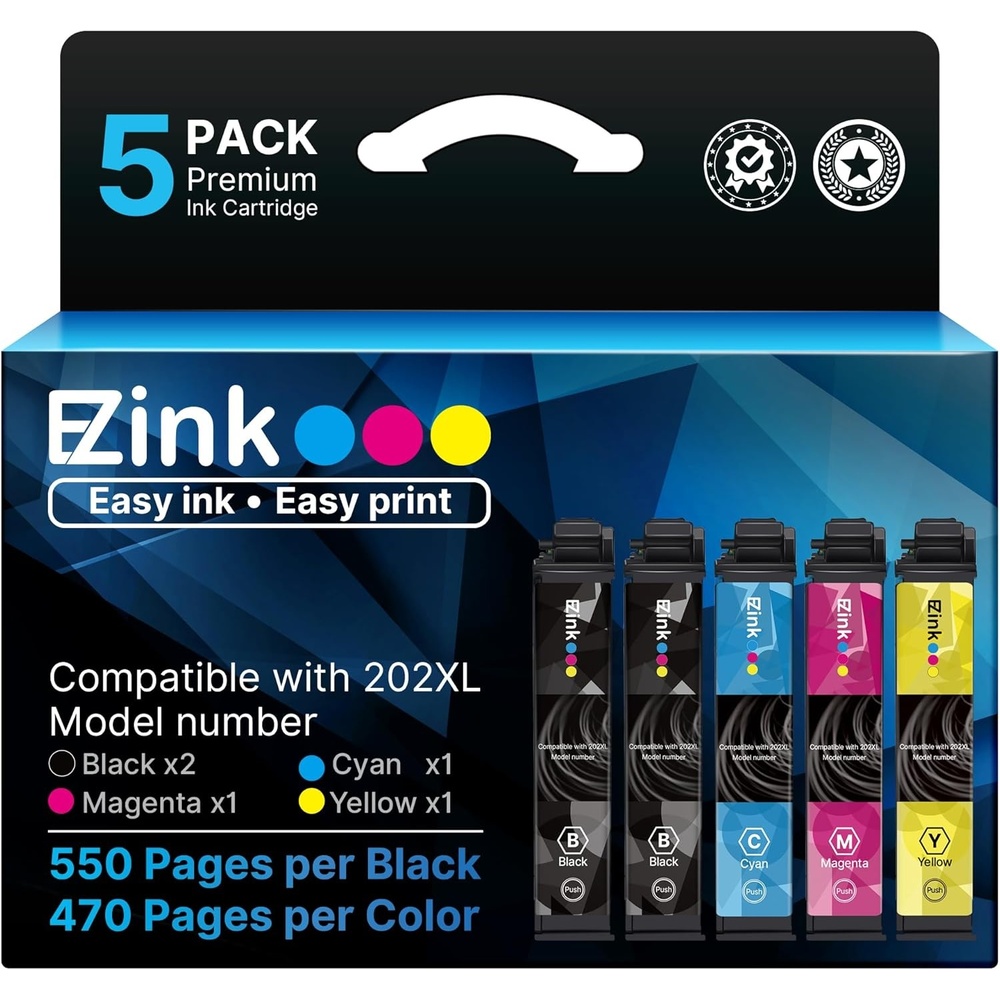 image:imageEZ Ink Remanufactured Ink Cartridge Replacement for 202XL Ink Cartridges Combo Pack for Epson Printer Expression Home XP5100 Workforce WF2860 Printer Tray 2 Black 1 Cyan 1 Magenta 1 Yellow