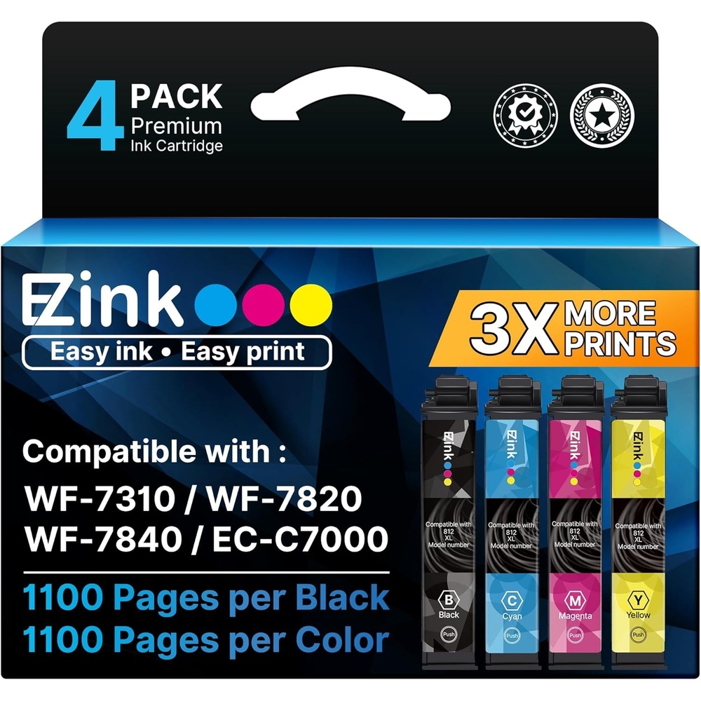 image:imageEZ Ink Remanufactured Ink Cartridge Replacement for 812XL WF7840 Ink Cartridges Combo Pack for Epson Printer WF7840 WF7820 WF7310 ECC7000 Printer 4 Packs Black Cyan Magenta Yellow