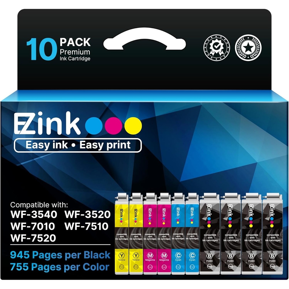 image:imageEZ Ink Remanufactured Ink Cartridges Replacement for 127XL to use with Epson NX530 625 WF3520 WF3530 WF3540 WF7010 WF7510 7520 545 645 4 Large Black 2 Cyan 2 Magenta 2 Yellow 10 Pack