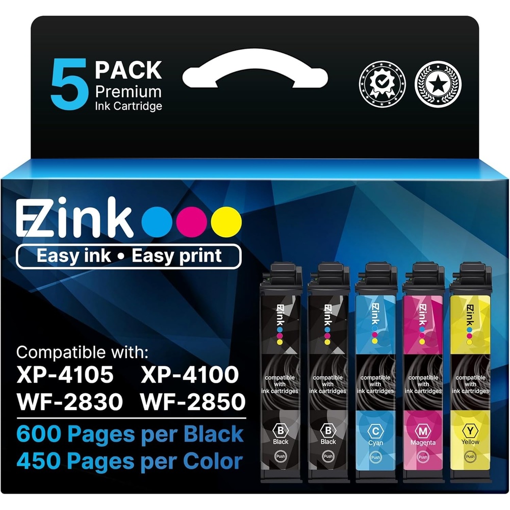 image:imageEZ Ink Remanufactured Ink Cartridges Replacement for 212XL 212 T212 XL for Epson Printer XP4100 XP4105 WF2830 WF2850 Printer Upgraded Chips 2 Black 1 Cyan 1 Magenta 1 Yellow 5 Pack