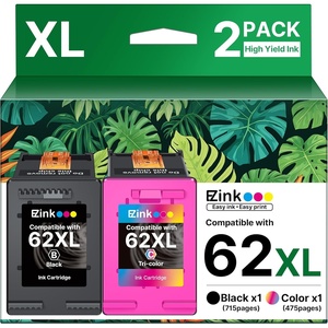 image:image62XL Ink Cartridge HighYield Remanufactured for HP Ink 62 XL 62XL Ink Cartridge Combo Pack to Use with Envy 5540 5640 5660 7644 OfficeJet 5740 5741 8040 200 250 Series Printer 1 TriColor 1 Black