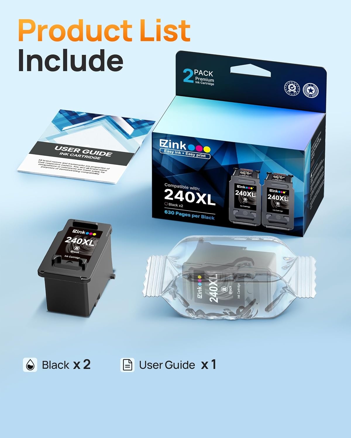 image:image240XL Ink Cartridge Replacement for Canon 240XL Black Ink Cartridge PG240XL PG240 Works with PIXMA PIXMA MG3620 TS5120 MG3520 MG3220 MG2120 MG4220 MX392 MX452 MX522 Printer 2 Pack Black