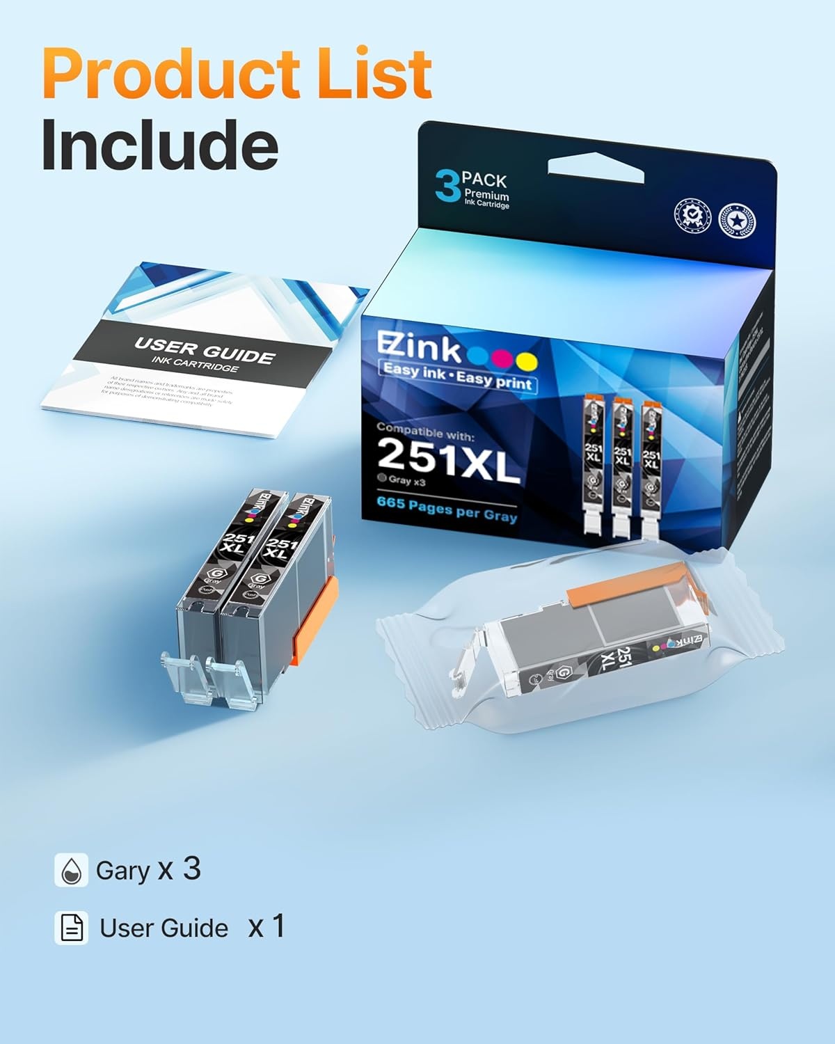 image:imageCompatible Ink Cartridge Replacement for CLI251XL CLI 251 XL to use with PIXMA MG6320 MG7120 MG7520 IP8720 Gray 3 Pack