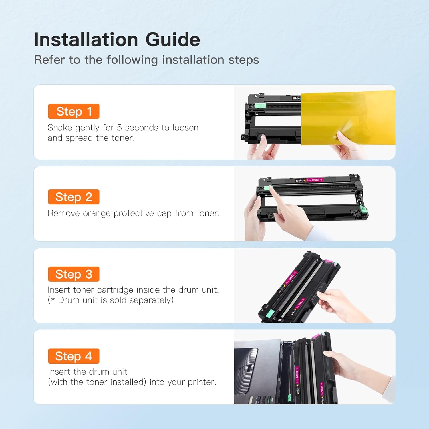 image:imageEZ Ink Compatible Drum Unit Replacement for Brother DR223CL DR223 DR223 Compatible with MFCL3770CDW MFCL3750CDW HLL3230CDW HLL3290CDW HLL3210CW Black Cyan Magenta Yellow 4 Pack