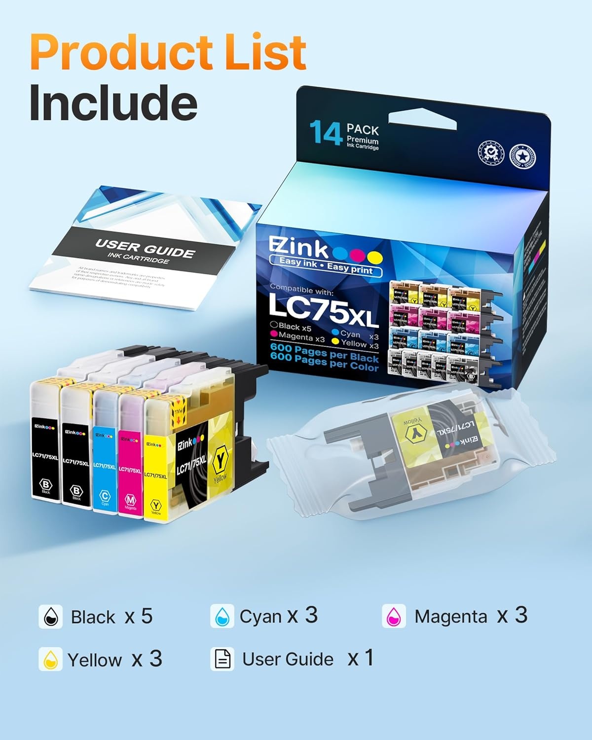 image:imageEZ Ink Compatible Ink Cartridge Replacement for Brother LC75 LC71 LC79 XL to Use with MFCJ6510DW MFCJ6710DW MFCJ6910DW MFCJ280W MFCJ425W 5 Black 3 Cyan 3 Magenta 3 Yellow 14 Pack