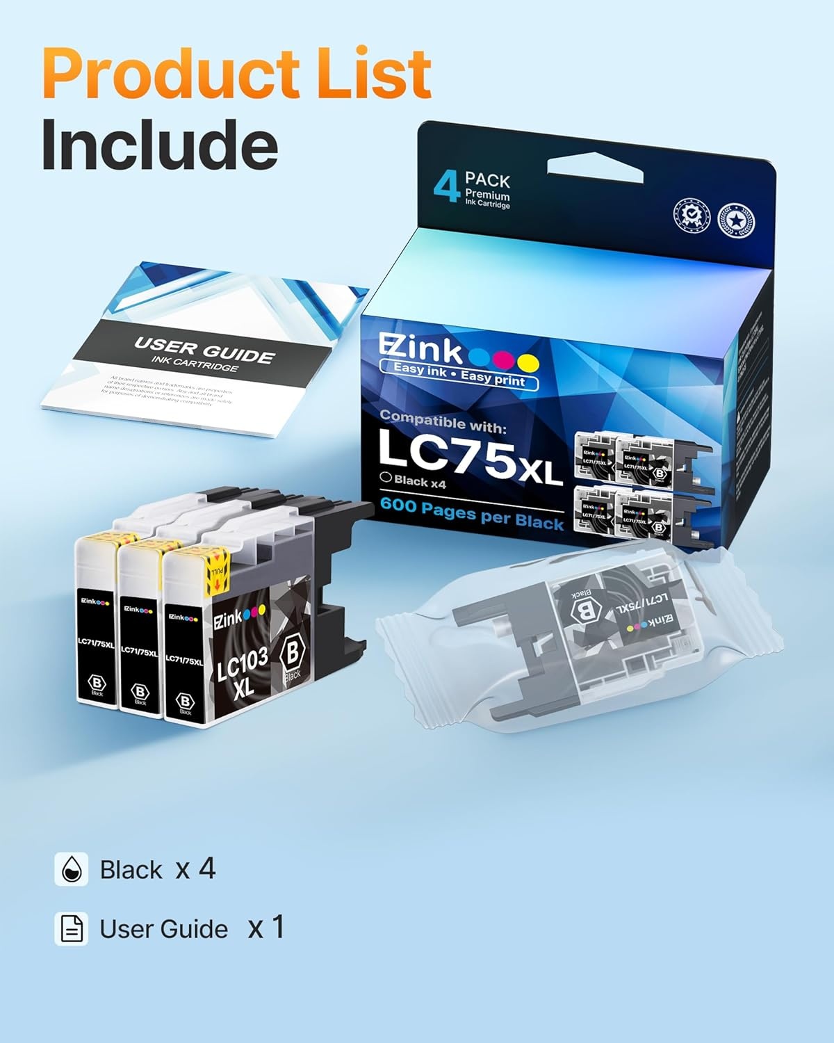 image:imageEZ Ink Compatible Ink Cartridge Replacement for Brother LC75XL High Yield Compatible with MFCJ6510DW MFCJ6710DW MFCJ6910DW MFCJ280W MFCJ425WBlack4 Pack