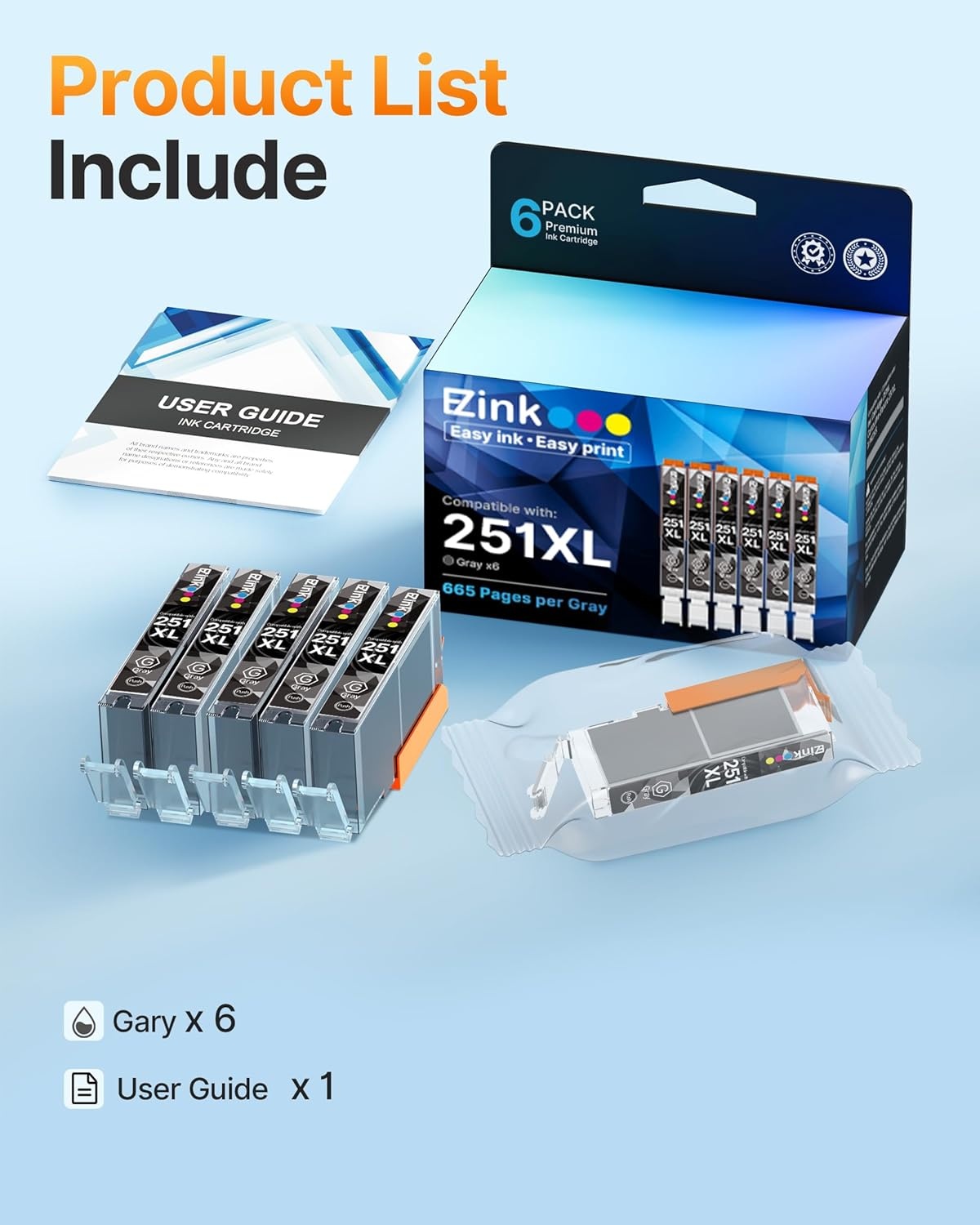 image:imageEZ Ink Compatible Ink Cartridge Replacement for Canon CLI251XL CLI 251 to use with PIXMA IP8720 MG7520 MG6320 MG7120 Printer Gray 6 Pack