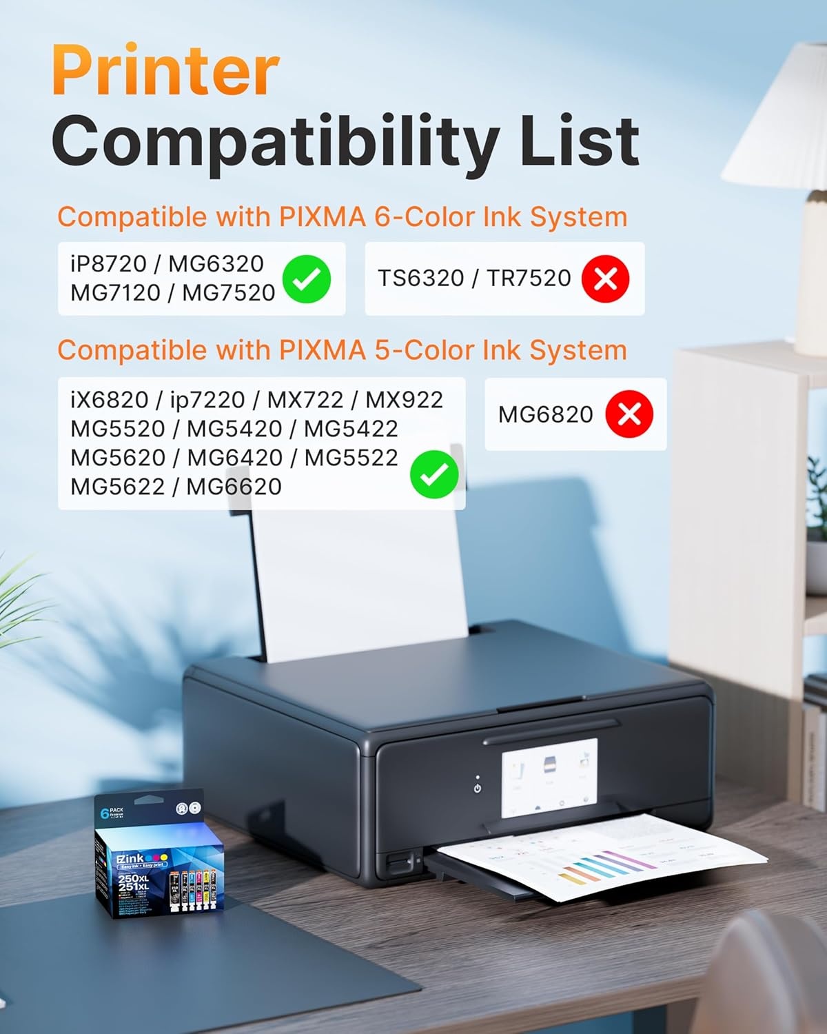 image:imageEZ Ink Compatible Ink Cartridge Replacement for Canon CLI251XL CLI 251 to use with PIXMA IP8720 MG7520 MG6320 MG7120 Printer Gray 6 Pack