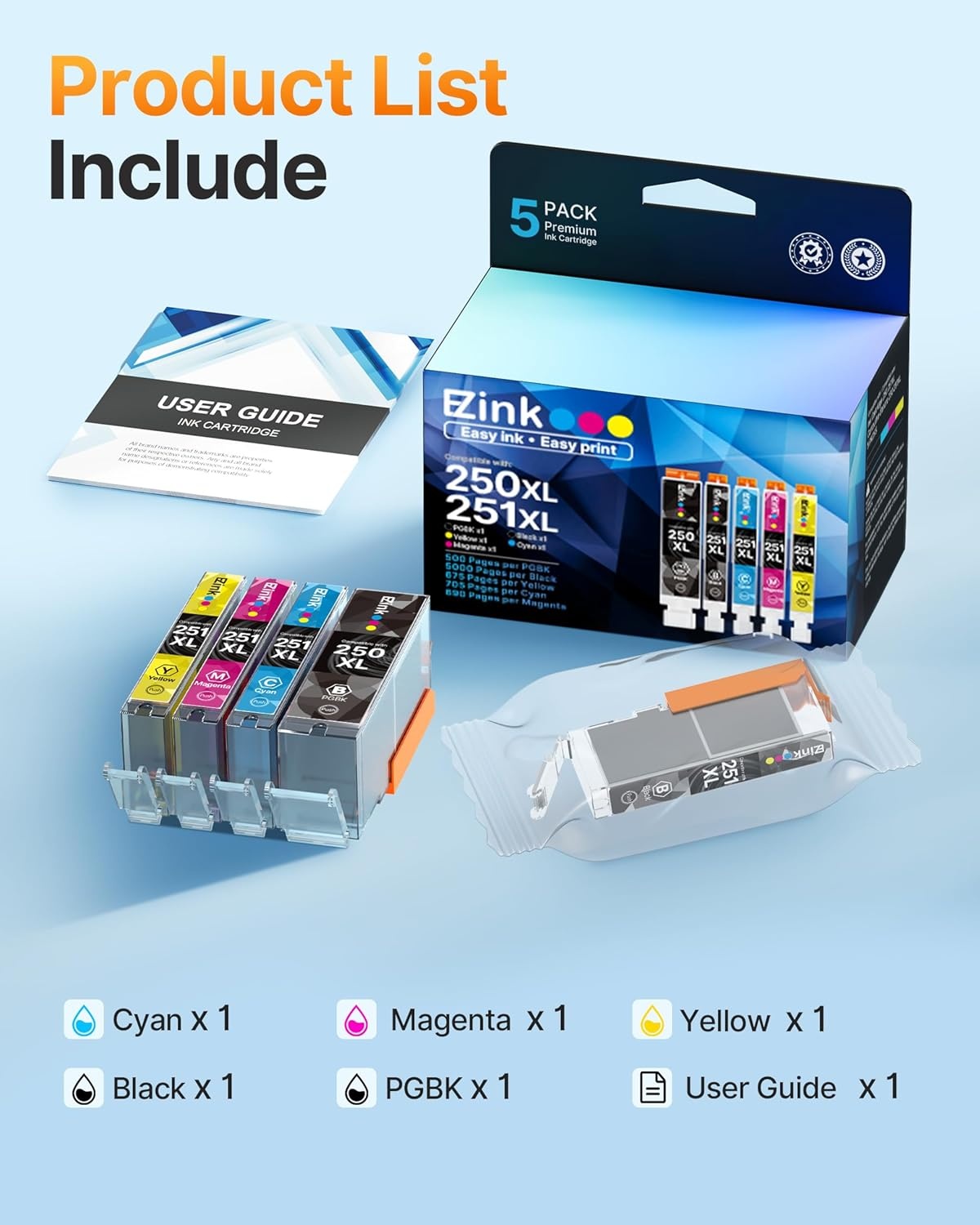 image:imageEZ Ink Compatible Ink Cartridge Replacement for Canon PGI250XL PGI 250 XL CLI251XL CLI 251 XL to use with PIXMA MX922 MG5520 1 Large Black 1 Cyan 1 Magenta 1 Yellow 1 Small Black 5 Pack