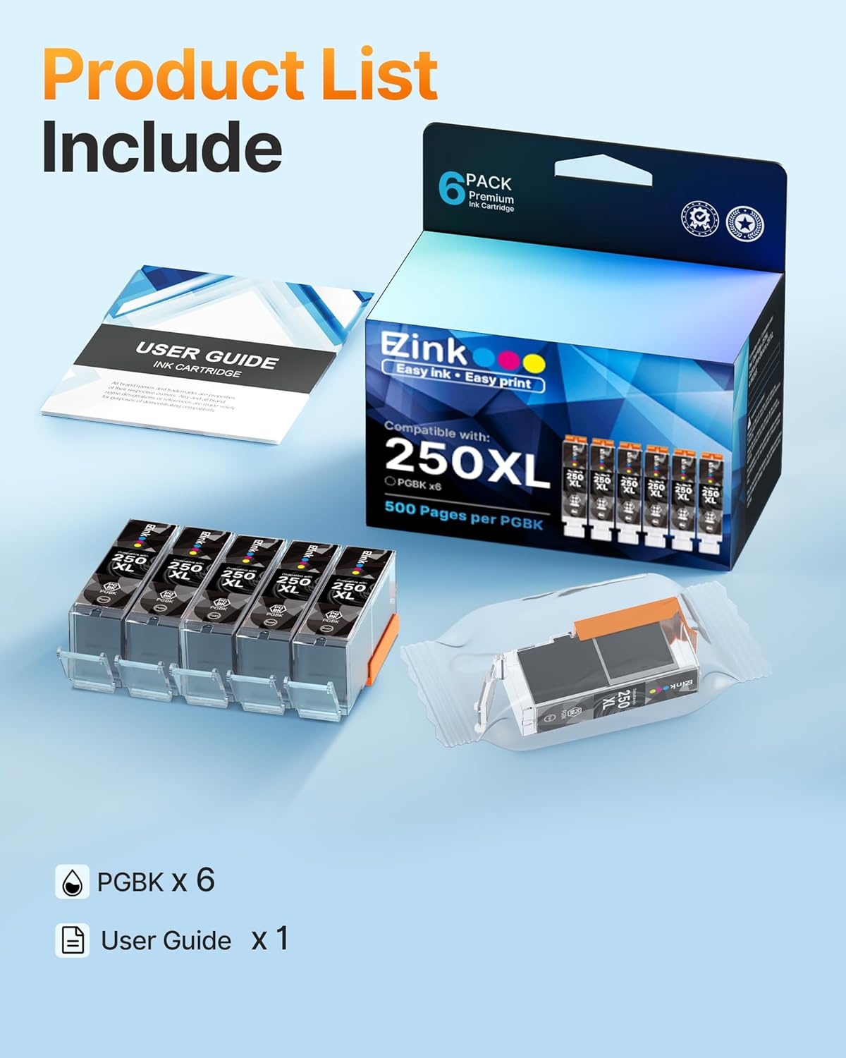 image:imageEZ Ink Compatible Ink Cartridge Replacement for Canon PGI250XL PGI 250 XL to use with PIXMA MX922 MX722 MG5420 MG5520 MG5620 MG6320 MG6420 MG6620 MG7120 MG7520 iP8720 Large Black 6 Pack