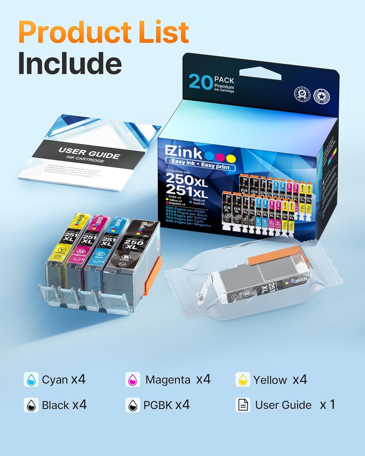 image:imageEZ Ink Compatible Ink Cartridges Replacement for Canon 250 251 XL PGI250XL CLI251XL to use with Pixma MX922 MX920 MG5520 MG7520 IX6820 IP8720 MG6620 MG6320 MG7120 20 Pack