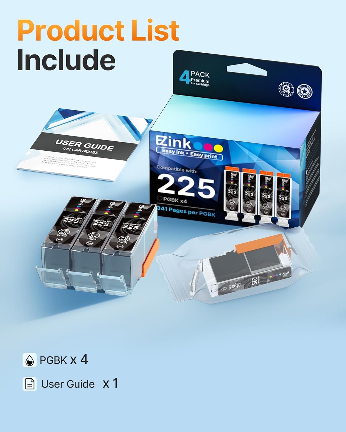 image:imageEZ Ink Compatible PGI225 Black Ink Cartridges Replacement for Canon PGI225 PGI225 to use with PIXMA MG6220 MG5220 MG8220 MG5320 MX882 MG6120 MG8120 iP4820 iP4920 iX6520 Printer 4 Pack Large Black