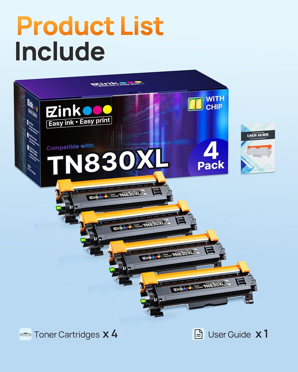 image:imageEZ Ink Compatible TN830XL Toner Cartridge Replacement for Brother TN830XL TN830 TN 830 Toner Cartridges with Brother DCPL2640DW HLL2460DW HLL2480DW HLL2400D HLL2405W Printer 4 x TN830XL Toner