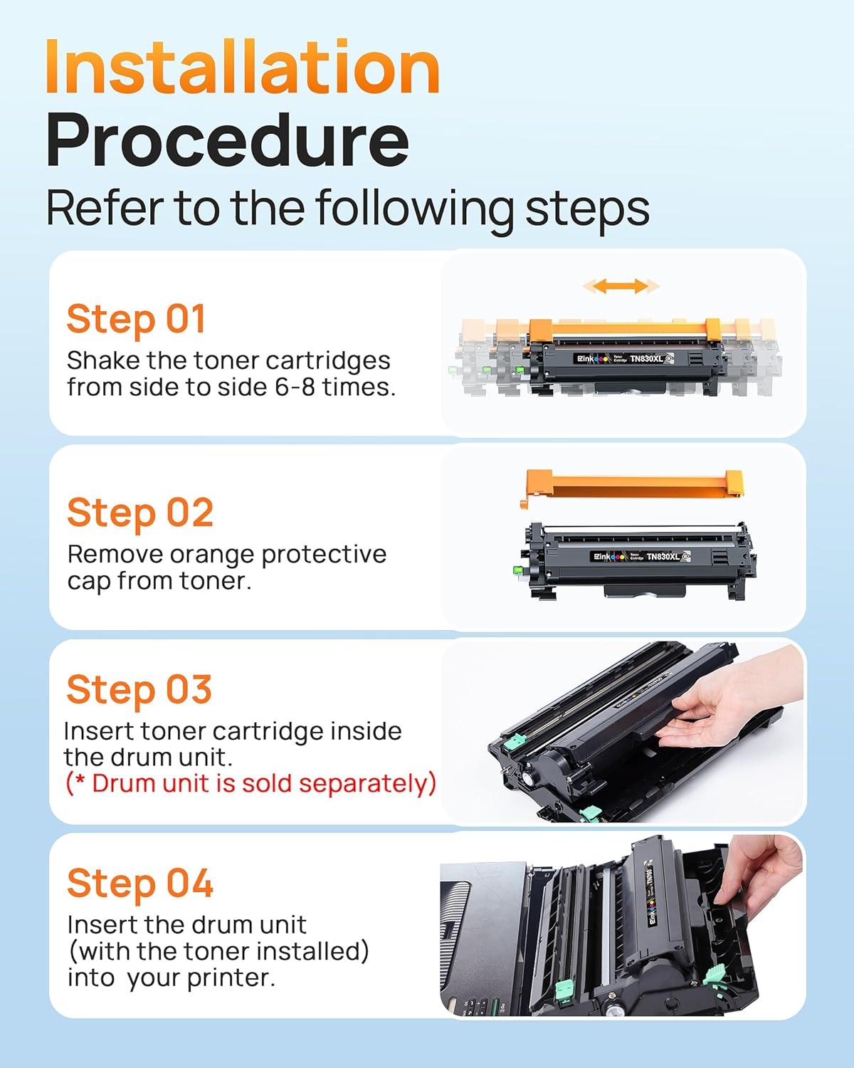 image:imageEZ Ink Compatible TN830XL Toner Cartridge Replacement for Brother TN830XL TN830 TN 830 Toner Cartridges with Brother DCPL2640DW HLL2460DW HLL2480DW HLL2400D HLL2405W Printer 4 x TN830XL Toner
