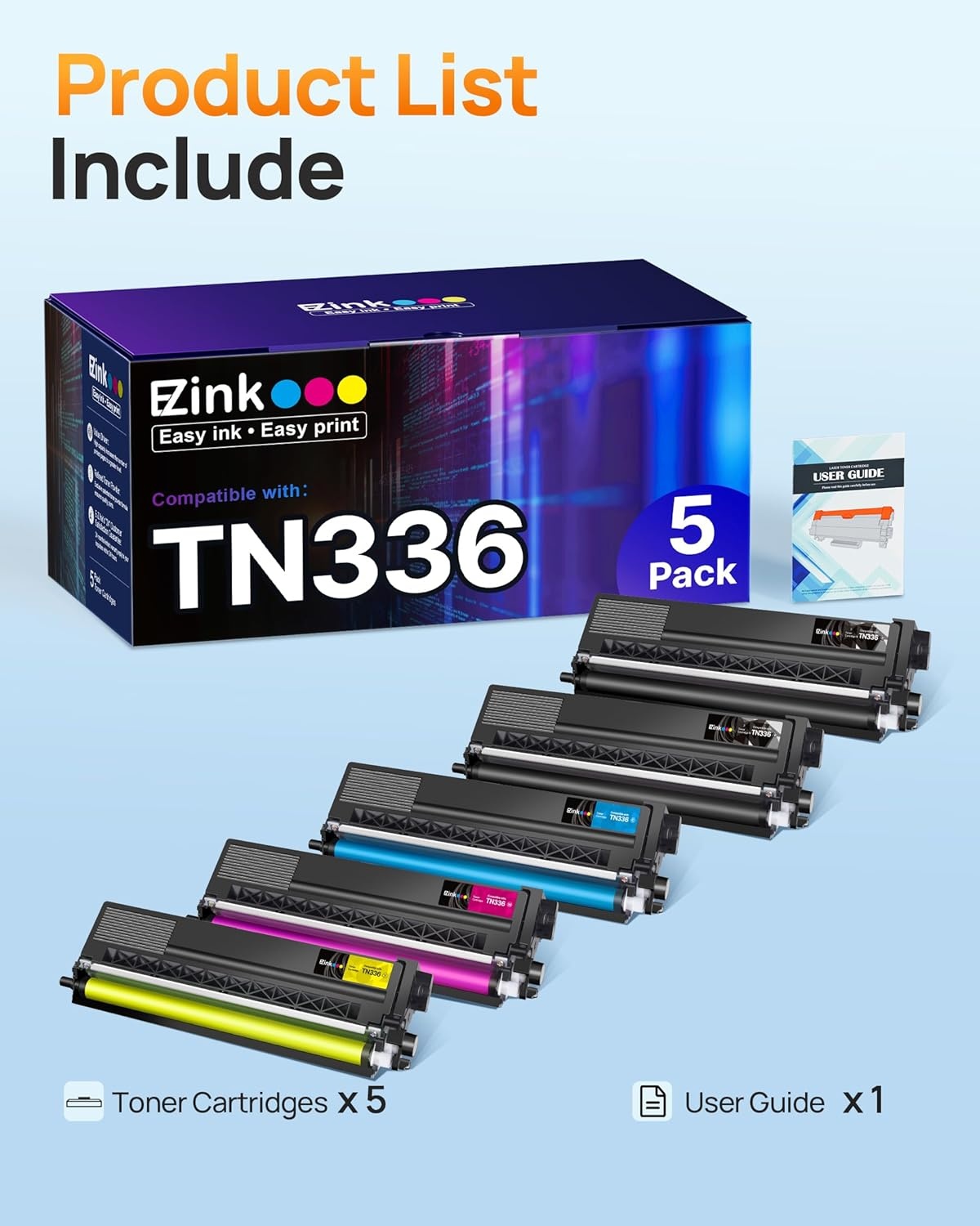 image:imageEZ Ink Compatible Toner Cartridge Replacement for Brother TN336 TN336 TN331 TN315 Compatible with MFCL8850CDW MFCL8600CDW HLL8350CDW HL4150CDN MFC9970CDW 2BK 1C 1M 1Y 5 Pack
