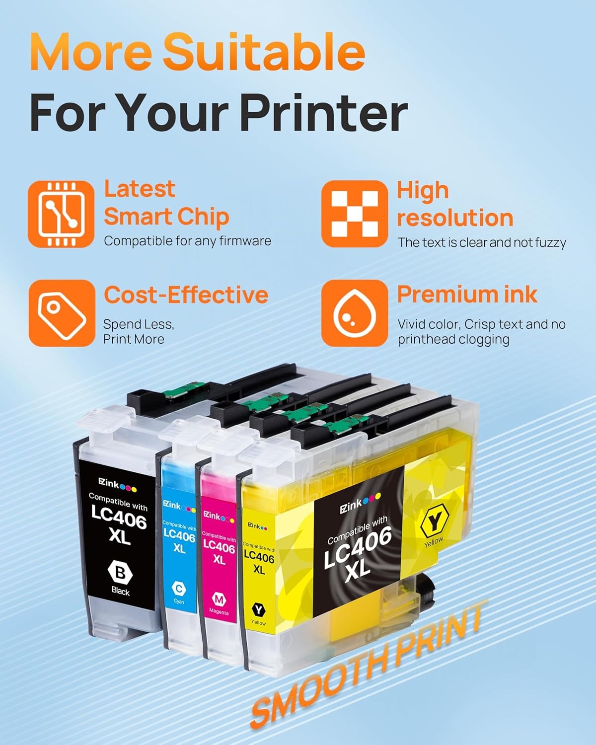 image:imageEZ Ink LC406XL LC406 Ink Cartridges for Brother Printer Replacement for Brother Ink Cartridges LC406 for MFCJ4335DW MFCJ5855DW MFCJ6555DW MFCJ4535DW MFCJ6955DW MFCJ4345DWXL MFCJ5955DW 4 Pack