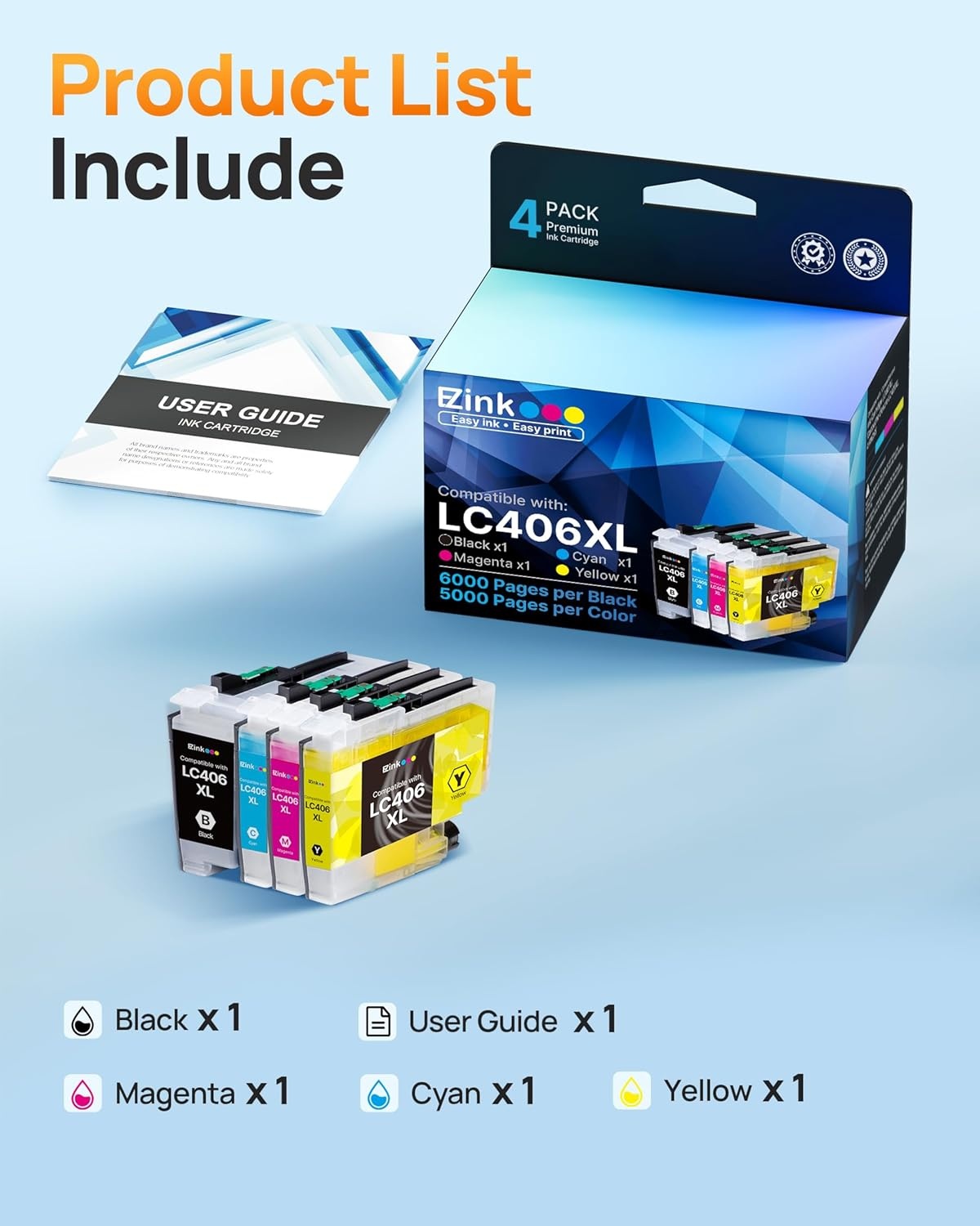 image:imageEZ Ink LC406XL LC406 Ink Cartridges for Brother Printer Replacement for Brother Ink Cartridges LC406 for MFCJ4335DW MFCJ5855DW MFCJ6555DW MFCJ4535DW MFCJ6955DW MFCJ4345DWXL MFCJ5955DW 4 Pack