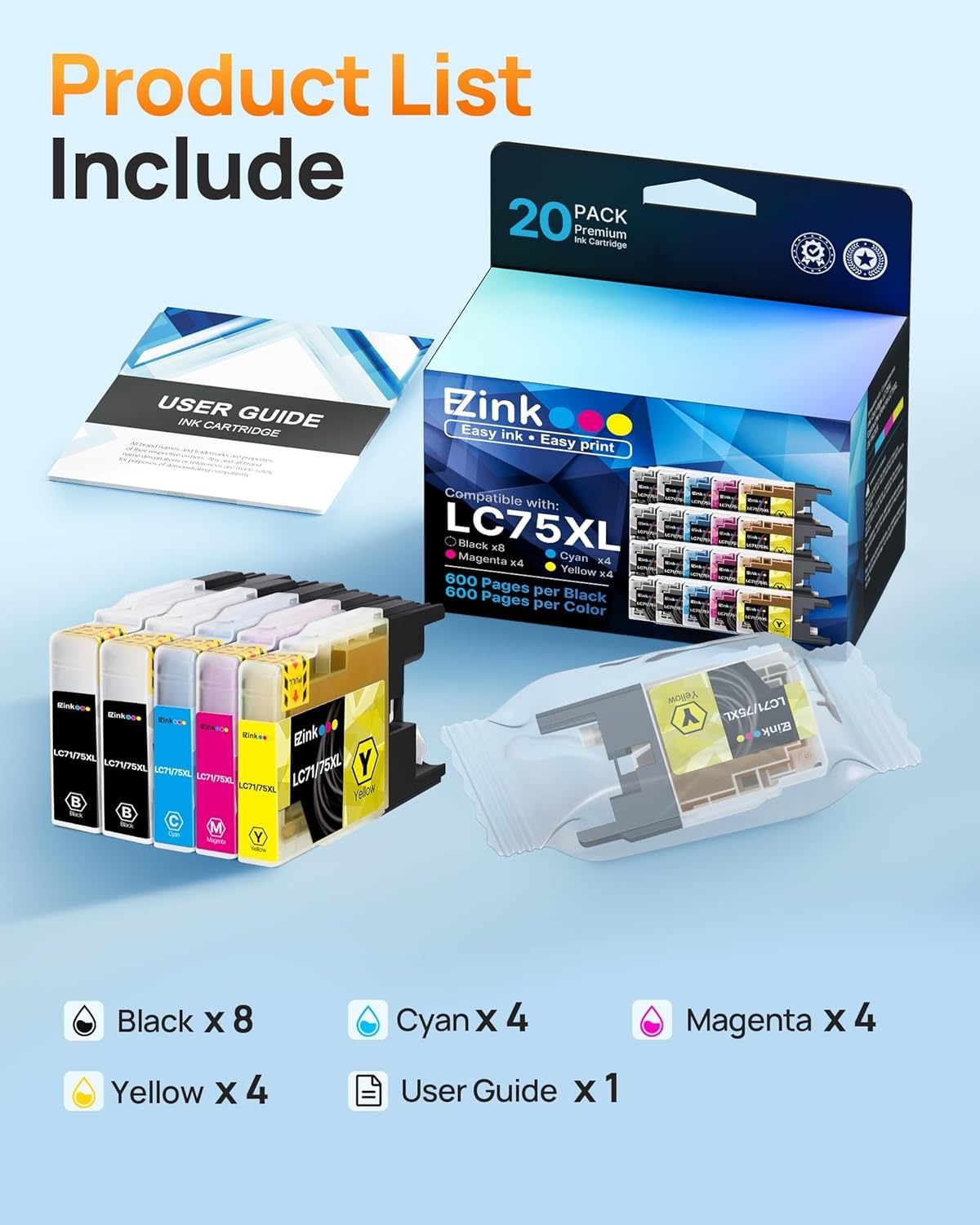 image:imageEZ Ink LC75XL Ink Cartridges Compatible for Brother LC75 Ink Cartridge LC 75 LC71 LC79 XL to Use with Brother MFCJ430W MFCJ6510DW MFCJ6710DW 20 Pack 8 Black 4 Cyan 4 Magenta 4 Yellow