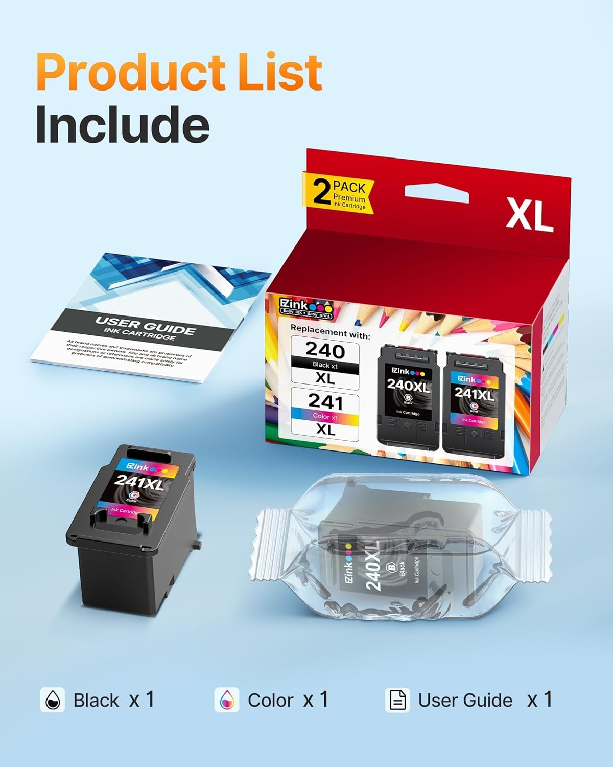 image:imagePG240XLCL241XL Ink Cartridge Replacement for Canon 240XL 241XL Combo Pack 240XL 241XL Works with PIXMA TS5120 MG2120 MG3620 MG3520 MG3522 MX452 MX472 MX512 MX532 Printer 1 Black 1 TriColor