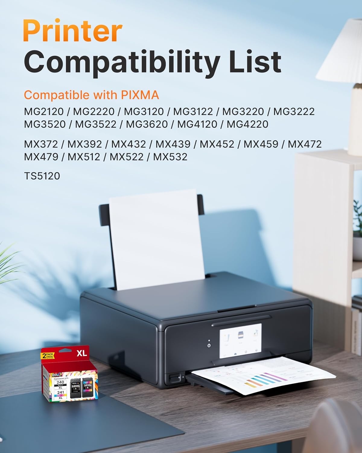 image:imagePG240XLCL241XL Ink Cartridge Replacement for Canon 240XL 241XL Combo Pack 240XL 241XL Works with PIXMA TS5120 MG2120 MG3620 MG3520 MG3522 MX452 MX472 MX512 MX532 Printer 1 Black 1 TriColor