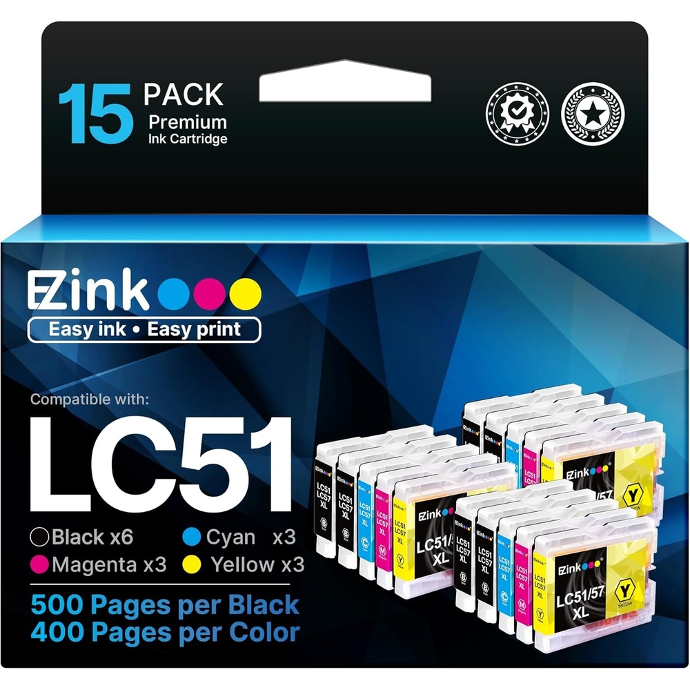 image:imageEZ Ink Compatible Ink Cartridge Replacement for Brother LC51 LC51 LC51BK LC51C LC51M LC51Y Compatible with MFC440CN MFC465CN MFC665CW Printer 6 Black 3 Cyan 3 Magenta 3 Yellow 15 Pack
