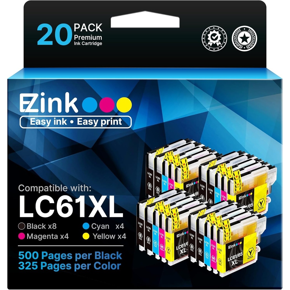 image:imageEZ Ink Compatible Ink Cartridge Replacement for Brother LC61 LC61 LC65 XL to use with MFCJ615W MFC5895CW MFC290C MFC5490CN MFC790CW MFCJ630W 8 Black 4 Cyan 4 Magenta 4 Yellow 20 Pack