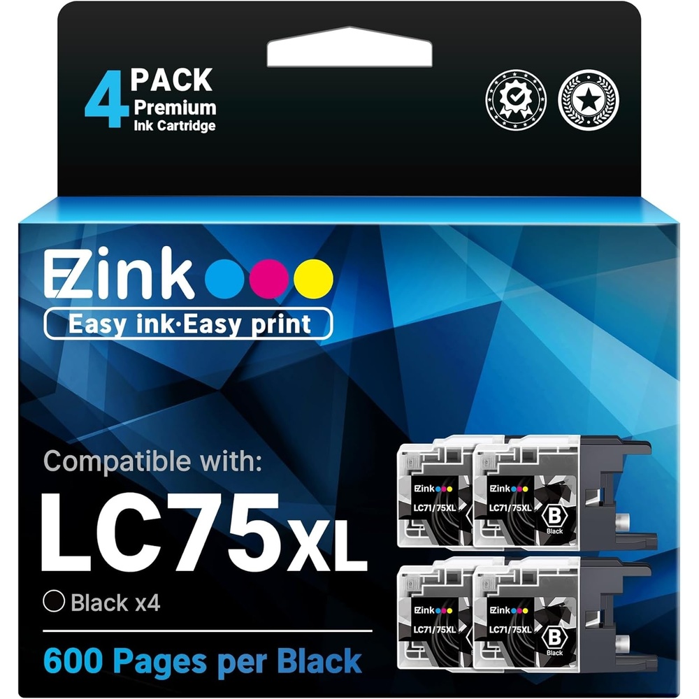 image:imageEZ Ink Compatible Ink Cartridge Replacement for Brother LC75XL High Yield Compatible with MFCJ6510DW MFCJ6710DW MFCJ6910DW MFCJ280W MFCJ425WBlack4 Pack