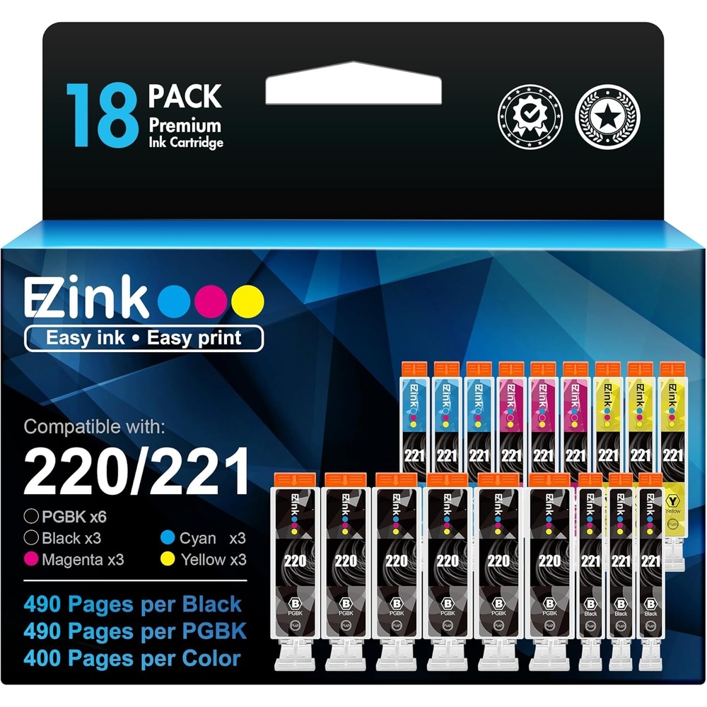image:imageEZ Ink Compatible Ink Cartridge Replacement for Canon 220 221 PGI220 CLI221 Ink to use with Canon MX860 MX870 MP980 MP990 MP560 6 Large Black3 Cyan 3 Magenta 3 Yellow 3 Small Black 18 Pack