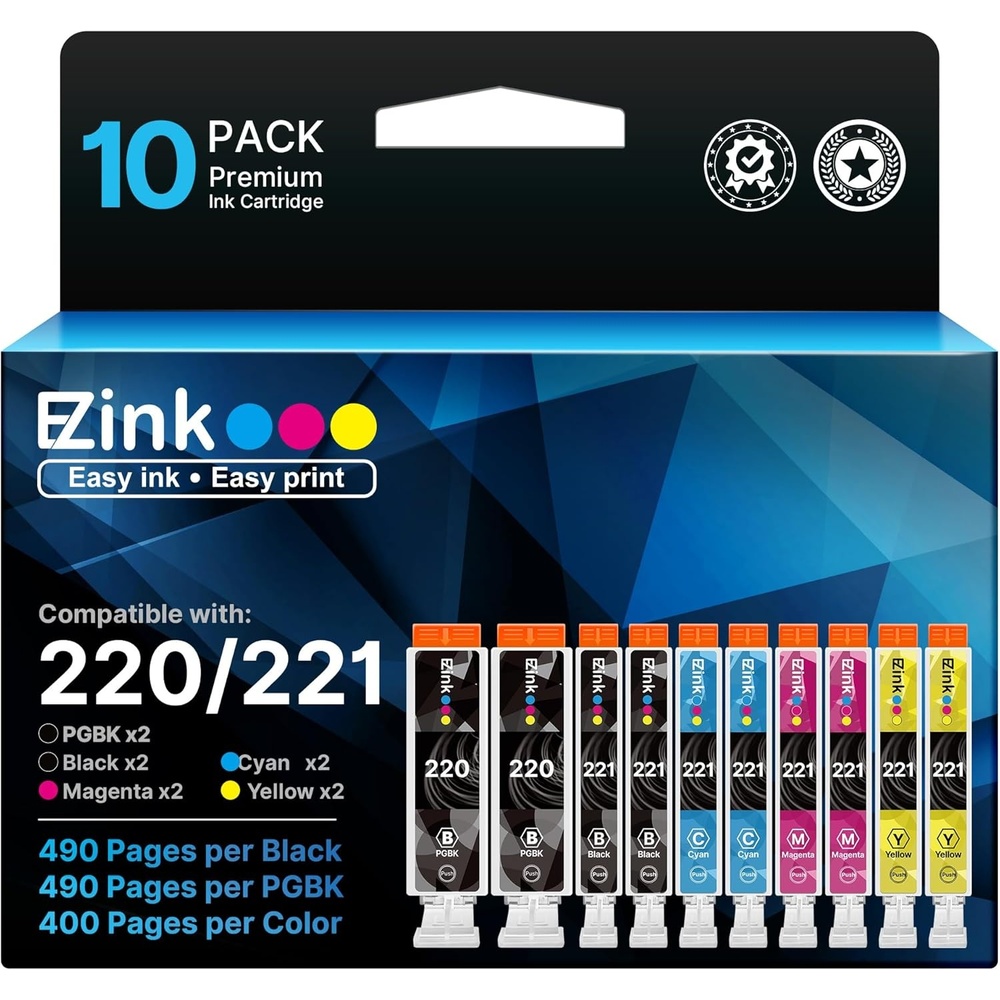 image:imageEZ Ink Compatible Ink Cartridge Replacement for Canon PGI220 PGI220 CLI221 CLI221 to use with PIXMA MX860 MX870 MP620 MP560 2 Large Black 2 Cyan 2 Magenta 2 Yellow 2 Small Black 10 Pack