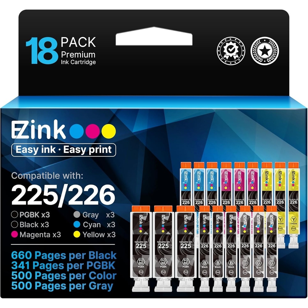 image:imageEZ Ink Compatible Ink Cartridge Replacement for Canon PGI225 CLI226 to use with MG6220 MG6120 MG8220 MG8120 MG8120B 3 Gray 3 Large Black 3 Small Black 3 Cyan 3 Magenta 3 Yellow 18 Pack