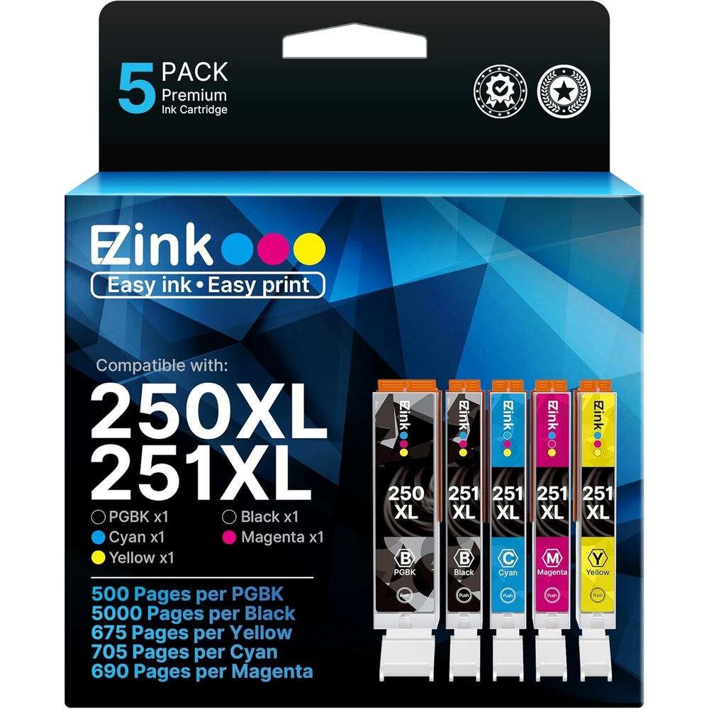 image:imageEZ Ink Compatible Ink Cartridge Replacement for Canon PGI250XL PGI 250 XL CLI251XL CLI 251 XL to use with PIXMA MX922 MG5520 1 Large Black 1 Cyan 1 Magenta 1 Yellow 1 Small Black 5 Pack
