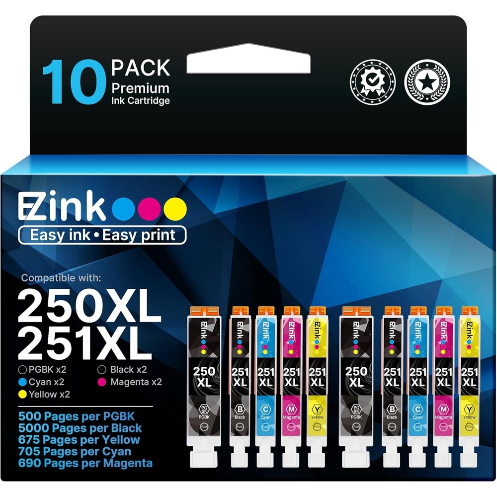 image:imageEZ Ink Compatible Ink Cartridge Replacement for Canon PGI250XL PGI 250 XL CLI251XL CLI 251 XL to use with PIXMA MX922 MG5520 2 Large Black 2 Cyan 2 Magenta 2 Yellow 2 Small Black 10 Pack
