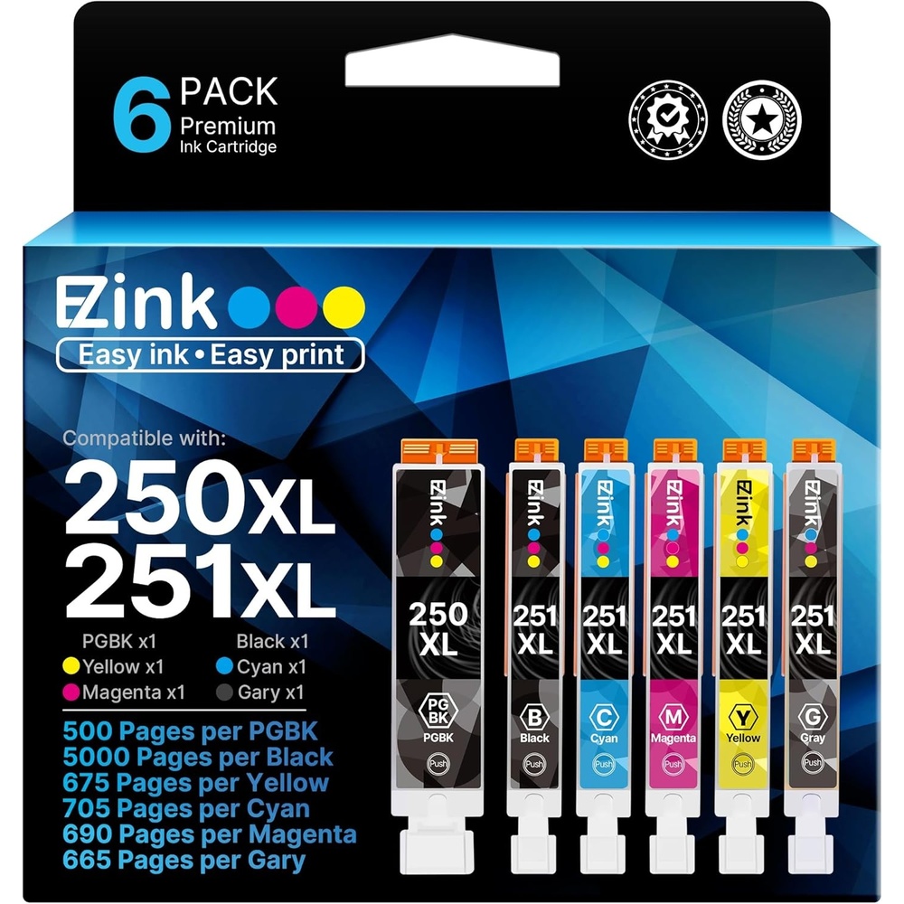 image:imageEZ Ink Compatible Ink Cartridge Replacement for Canon PGI250XL PGI 250 XL CLI251XL CLI 251 XL to use with Pixma IP8720 1 Large Black 1 Cyan 1 Magenta 1 Yellow 1 Small Black1 Gray 6 Pack