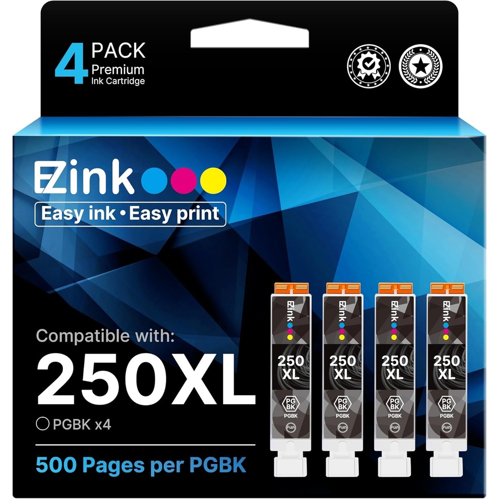 image:imageEZ Ink Compatible Ink Cartridge Replacement for Canon PGI250XL PGI 250 XL PGBK to use with PIXMA MX922 MX920 iP8720 IX6820 MX722 MG5420 MG5520 MG5620 MG6320 MG6420 MG7120 MG7520 Large Black 4 Pack