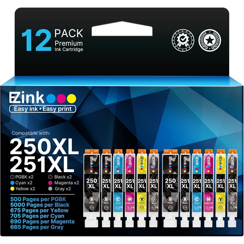 image:imageEZ Ink Compatible Ink Cartridges Replacement for Canon 250 251 PGI250XL CLI251XL to use with Pixma MG6320 MG7120 MG7520 IP8720 12 Pack 2 PGBK 2 Cyan 2 Magenta 2 Yellow 2 Black 2 Gray