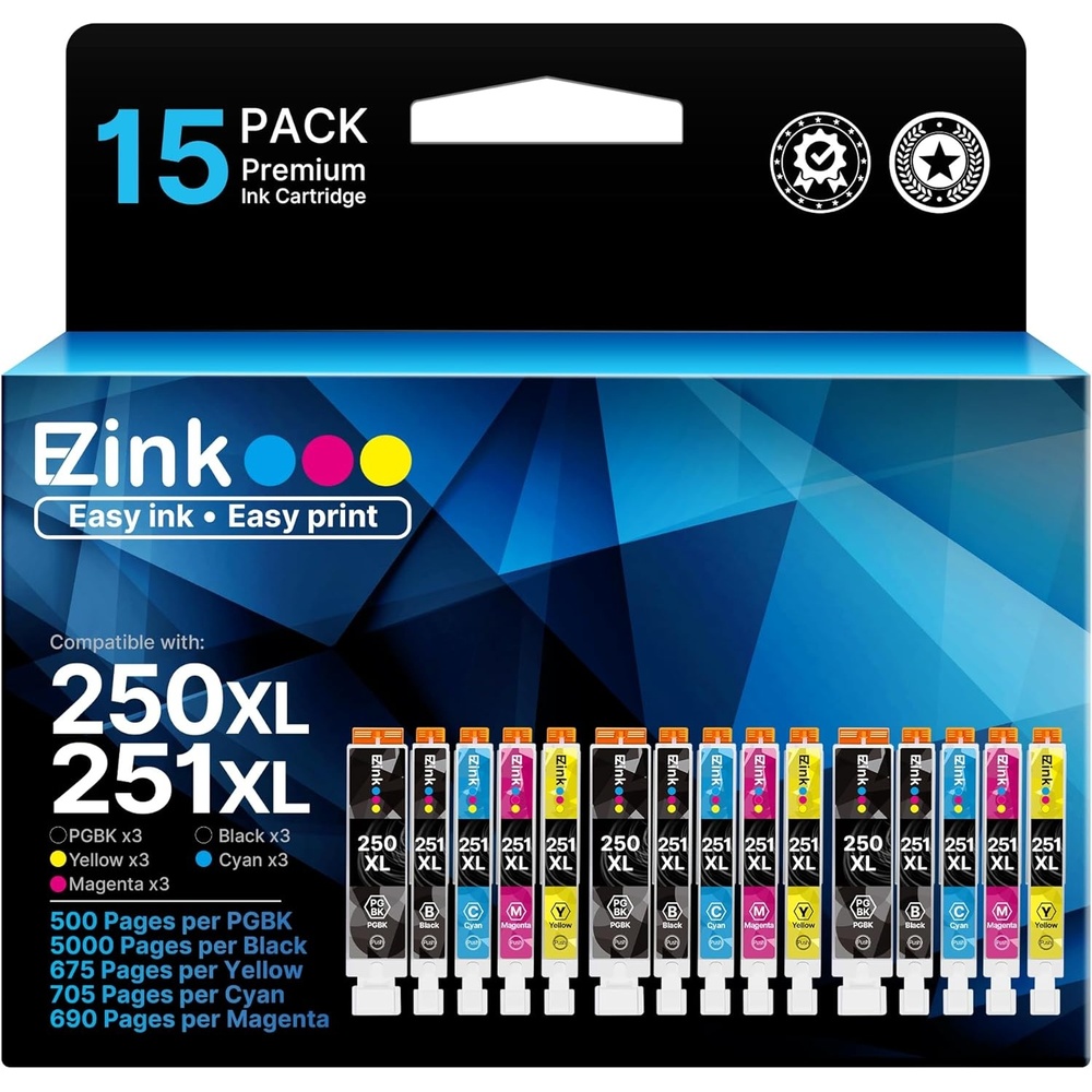 image:imageEZ Ink Compatible Ink Cartridges Replacement for Canon 250 251 XL PGI250XL CLI251XL to use with PIXMA MX922 MX920 IX6820 MG5520 MG7520 IP8720 MG6620 MG6320 MG7120 15 Pack
