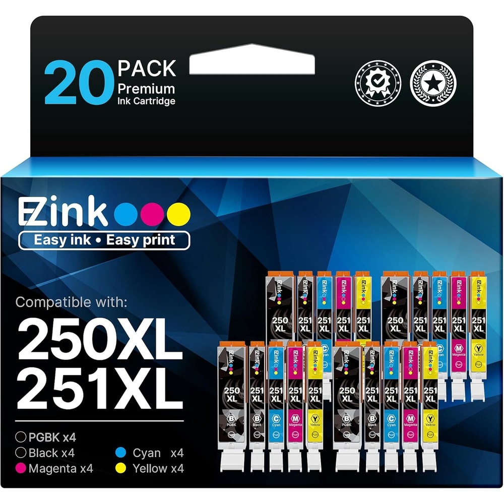 image:imageEZ Ink Compatible Ink Cartridges Replacement for Canon 250 251 XL PGI250XL CLI251XL to use with Pixma MX922 MX920 MG5520 MG7520 IX6820 IP8720 MG6620 MG6320 MG7120 20 Pack