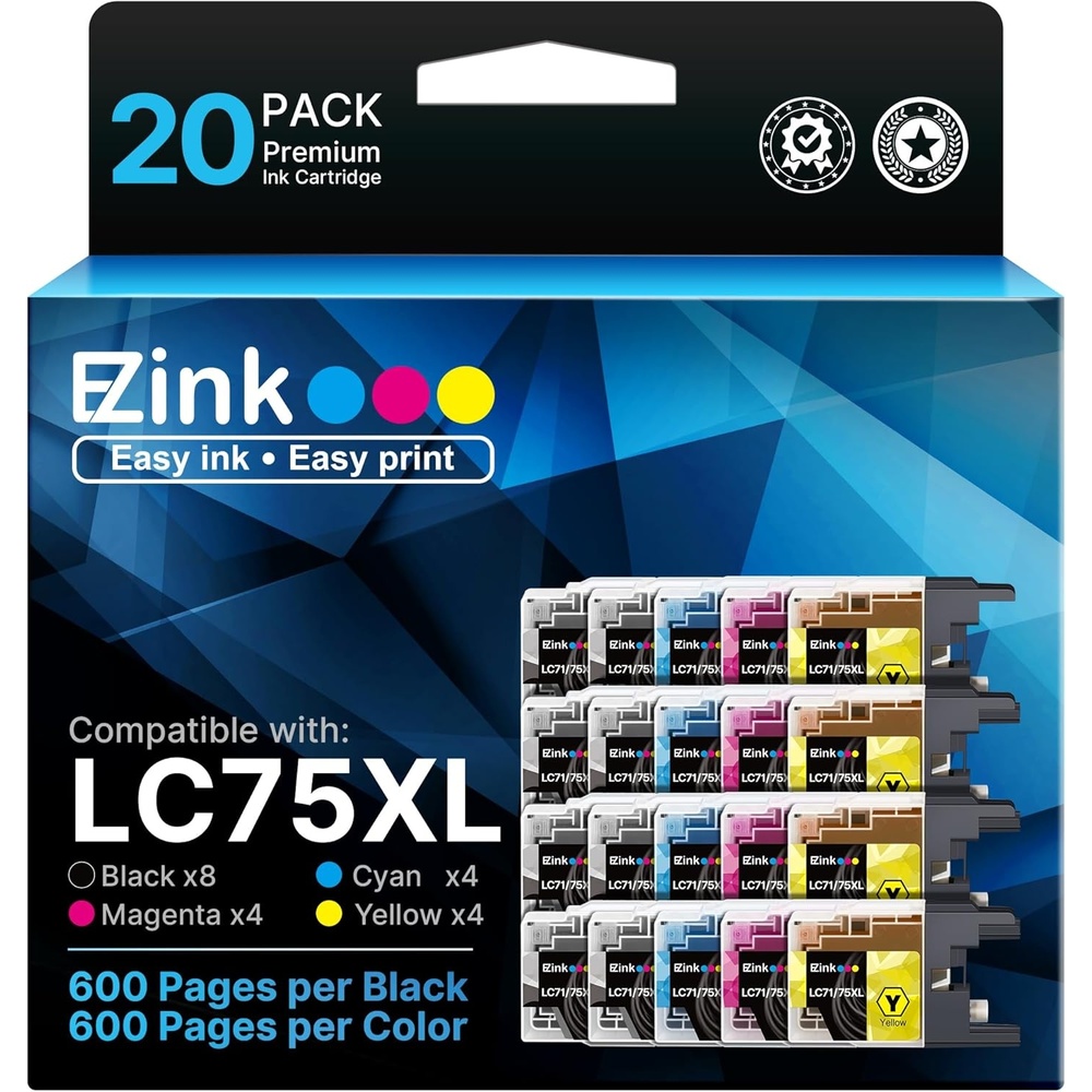 image:imageEZ Ink LC75XL Ink Cartridges Compatible for Brother LC75 Ink Cartridge LC 75 LC71 LC79 XL to Use with Brother MFCJ430W MFCJ6510DW MFCJ6710DW 20 Pack 8 Black 4 Cyan 4 Magenta 4 Yellow