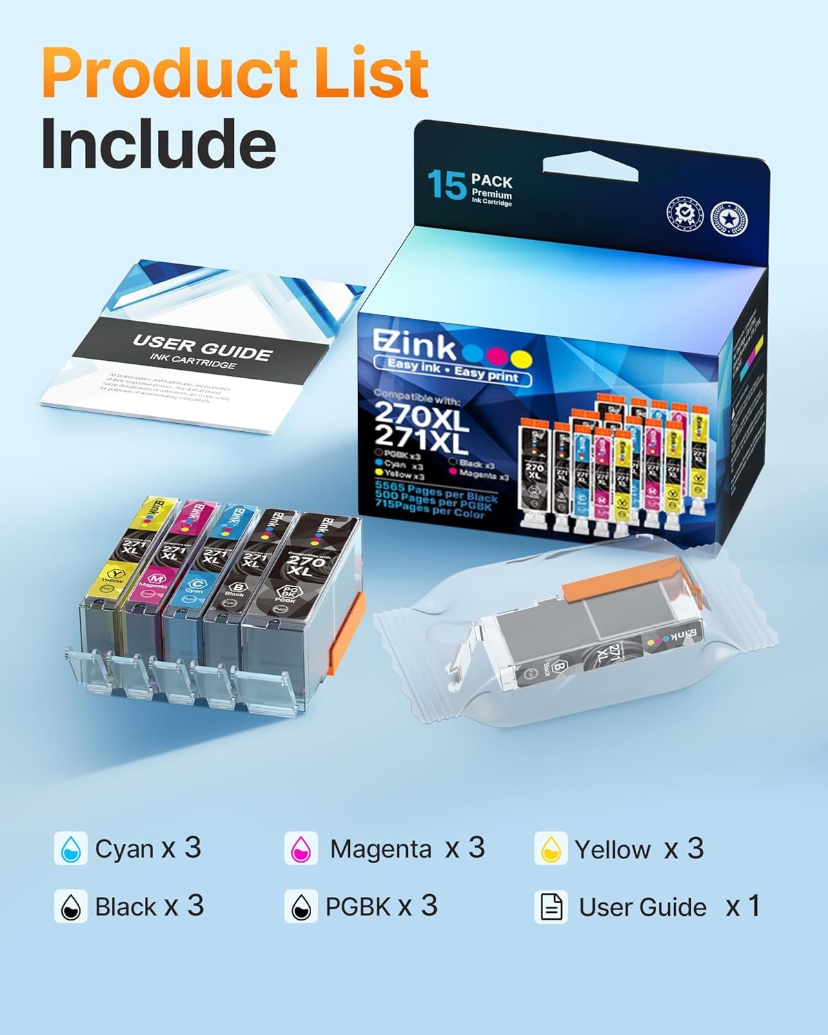 image:imageEZ Ink 270 271 XL Ink Compatible for Canon 270 271 PGI270XL CLI271XL Ink Cartridges to use with Canon Pixma TS6020 TS9020 MG7720 MG6821 MG5720 MG5721 MG5722 MG6820 MG6822 TS5020 TS802015 Pack
